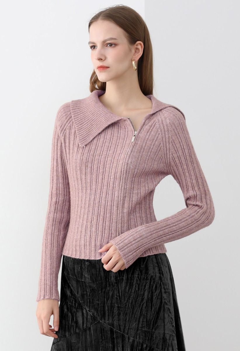 Asymmetric Flap Collar Zip Up Knit Top in Pink