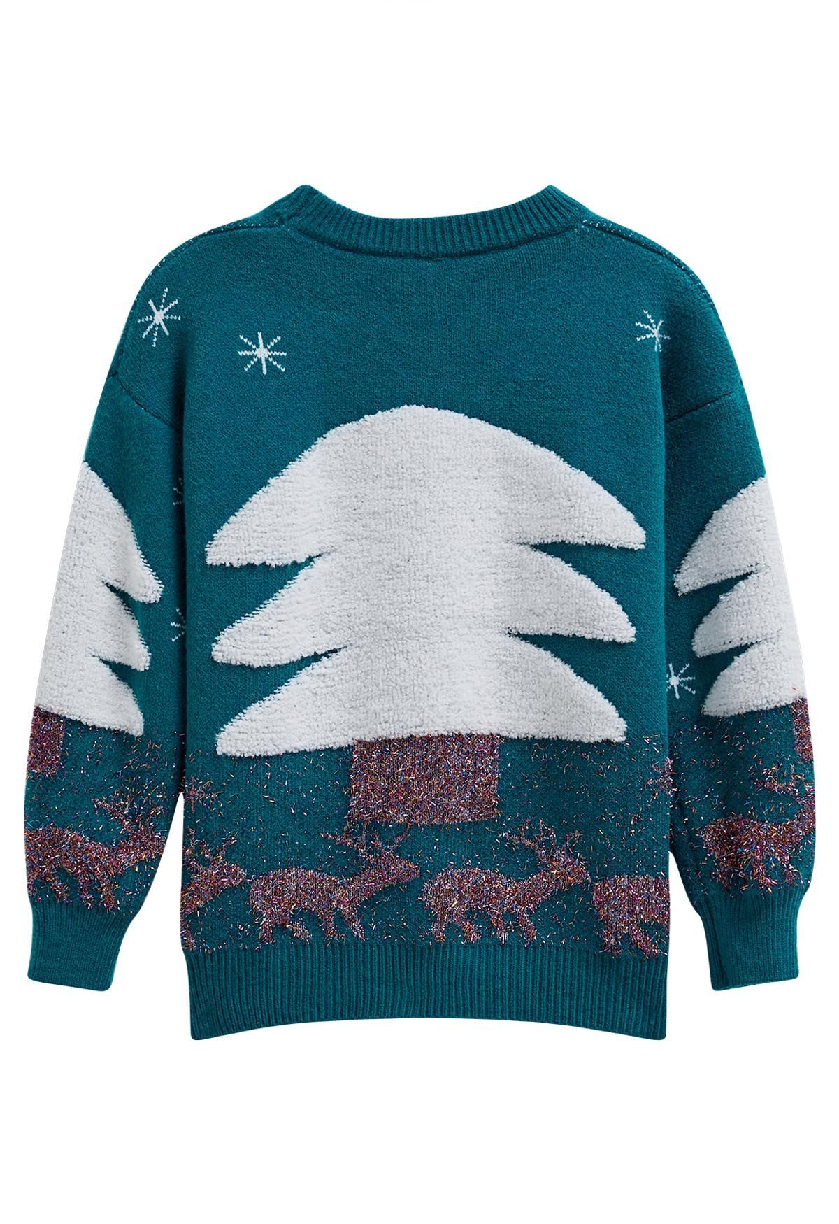 Joyful Christmas Tree and Elk Jacquard Knit Sweater in Teal