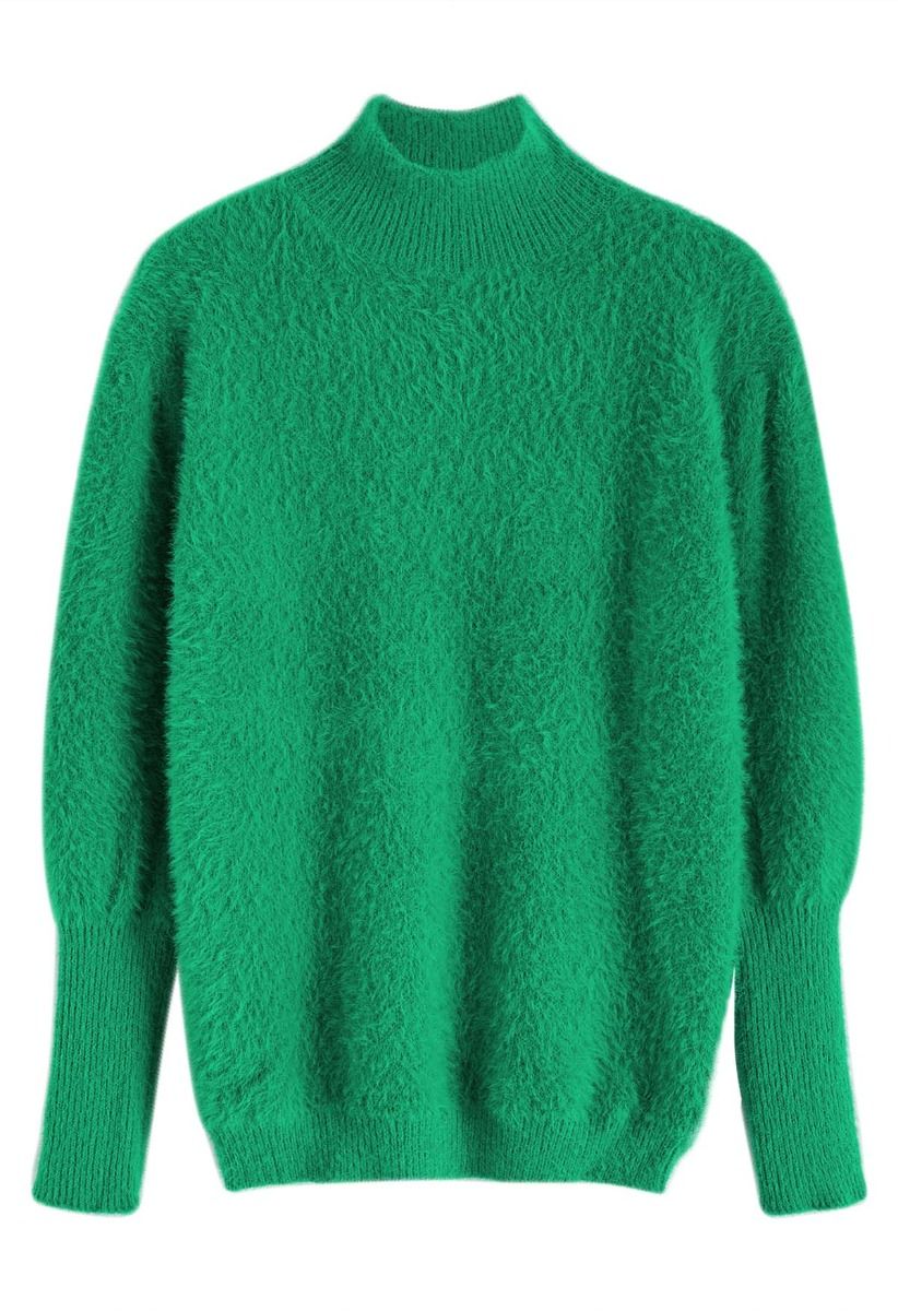 Cozy Perfection High Neck Fuzzy Knit Sweater in Green