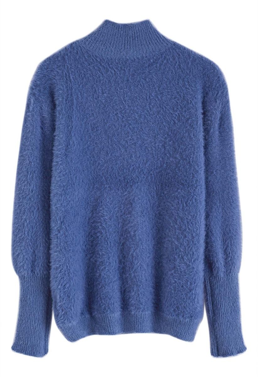 Cozy Perfection High Neck Fuzzy Knit Sweater in Blue