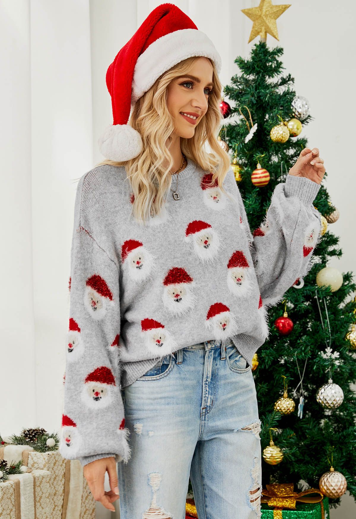 Fuzzy Santa Claus Knit Top in Grey - Retro, Indie and Unique Fashion