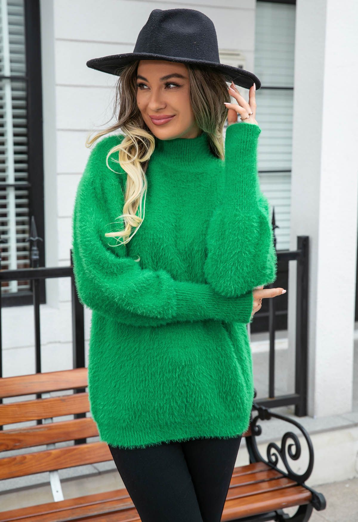 Cozy Perfection High Neck Fuzzy Knit Sweater in Green - Retro, Indie ...