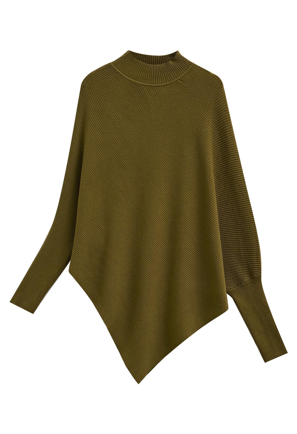 Asymmetric Batwing Sleeve Ribbed Knit Poncho in Army Green