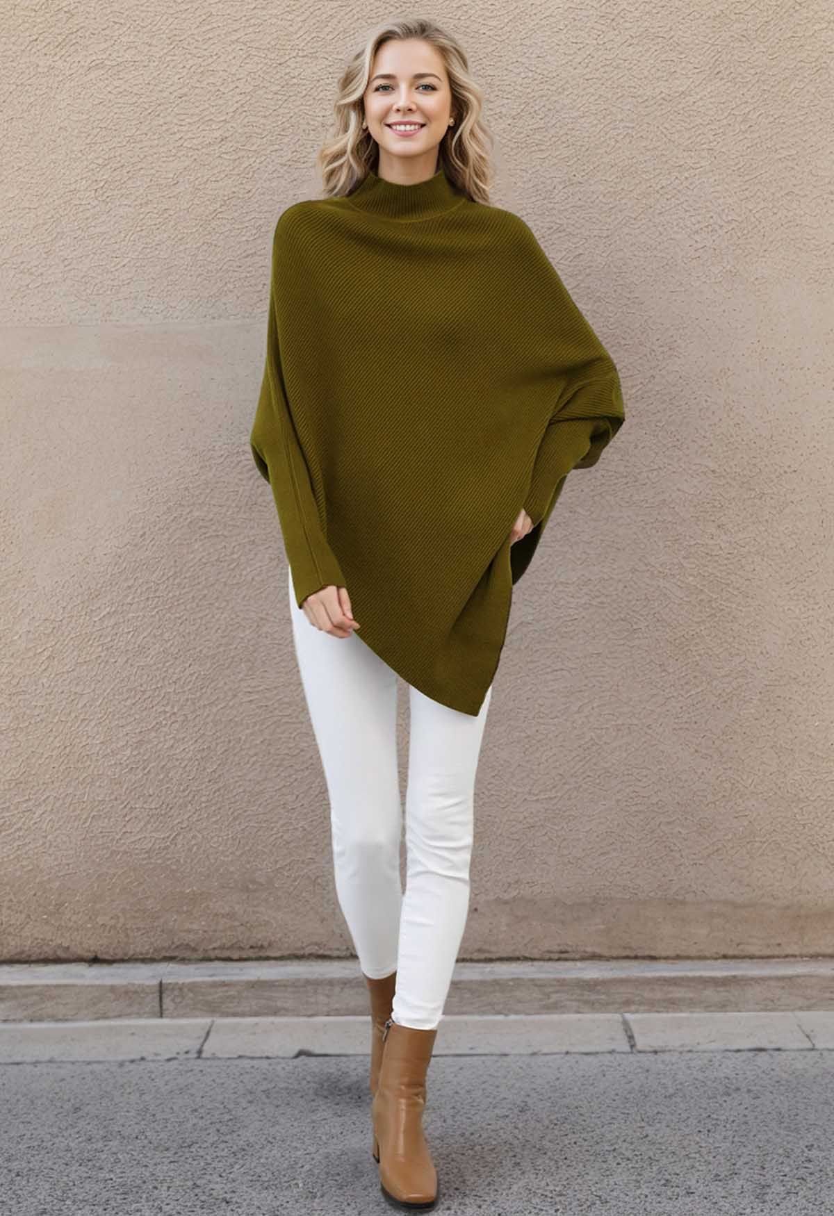 Asymmetric Batwing Sleeve Ribbed Knit Poncho in Army Green