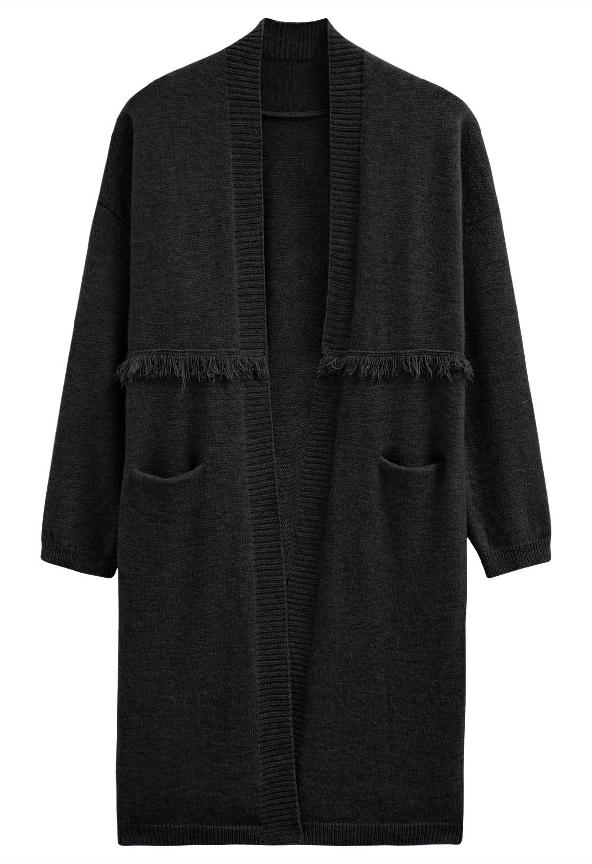 Open Front Fringed Waist Knit Cardigan in Black