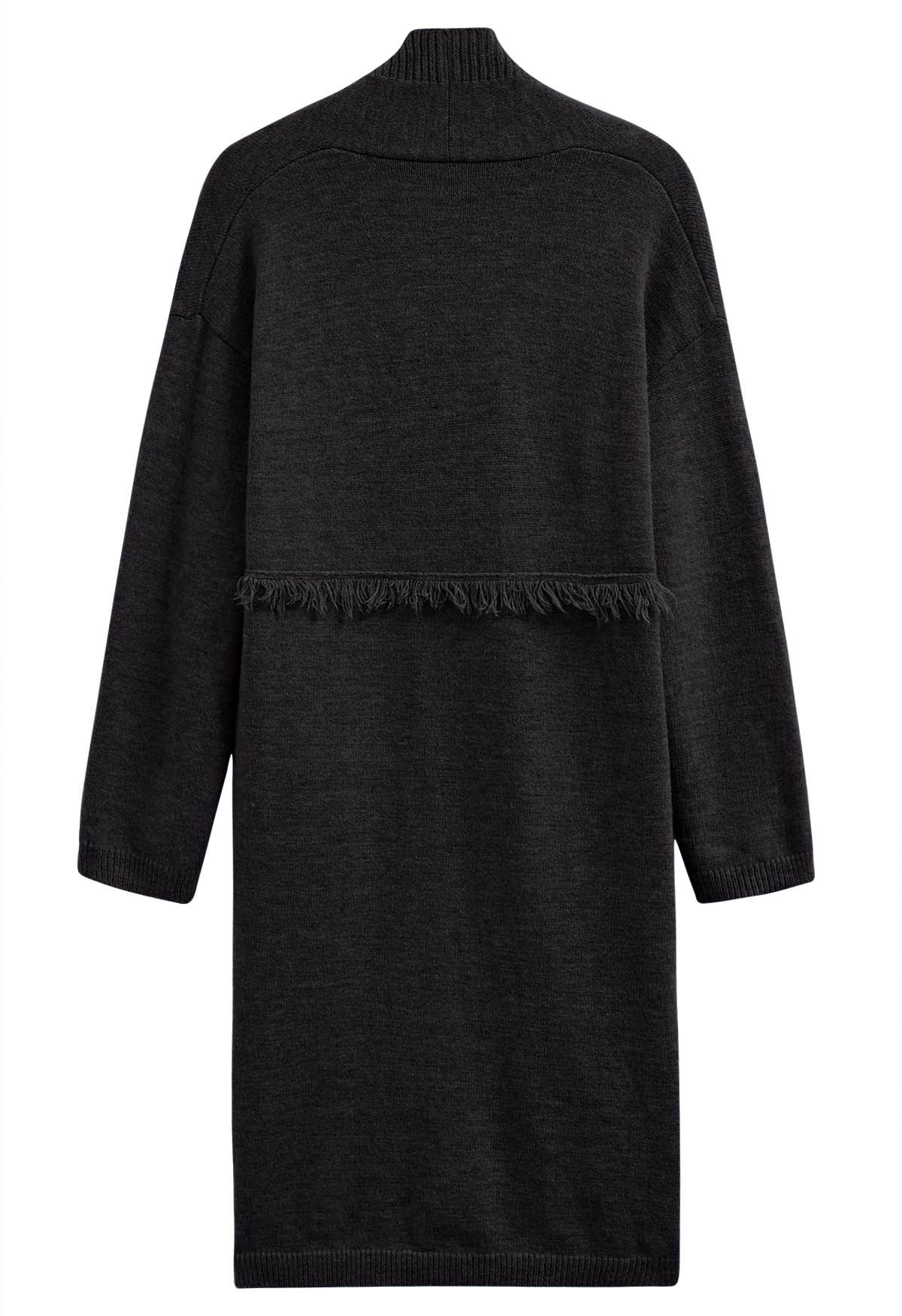 Open Front Fringed Waist Knit Cardigan in Black