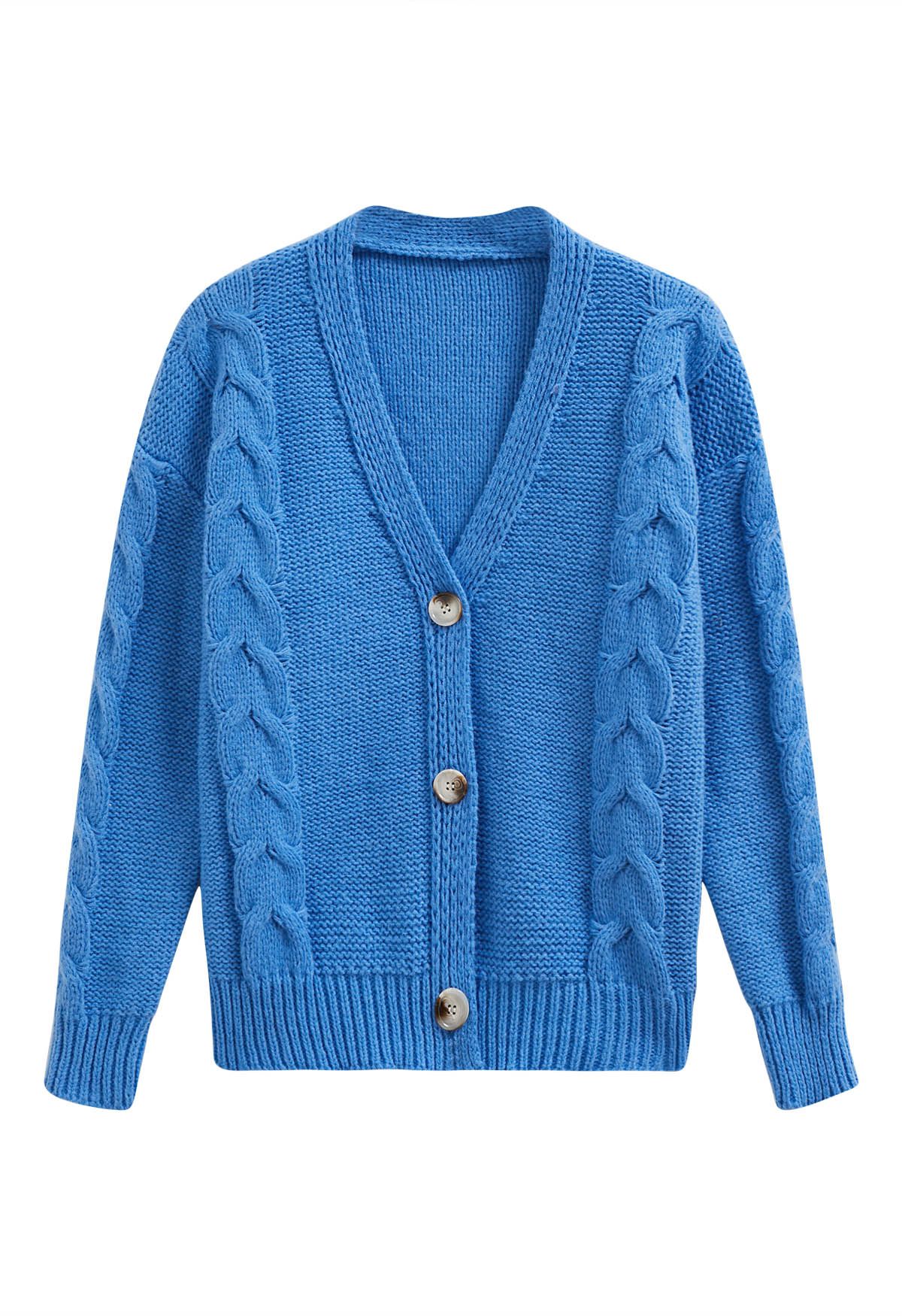 Braid Pattern Buttoned Knit Cardigan in Blue