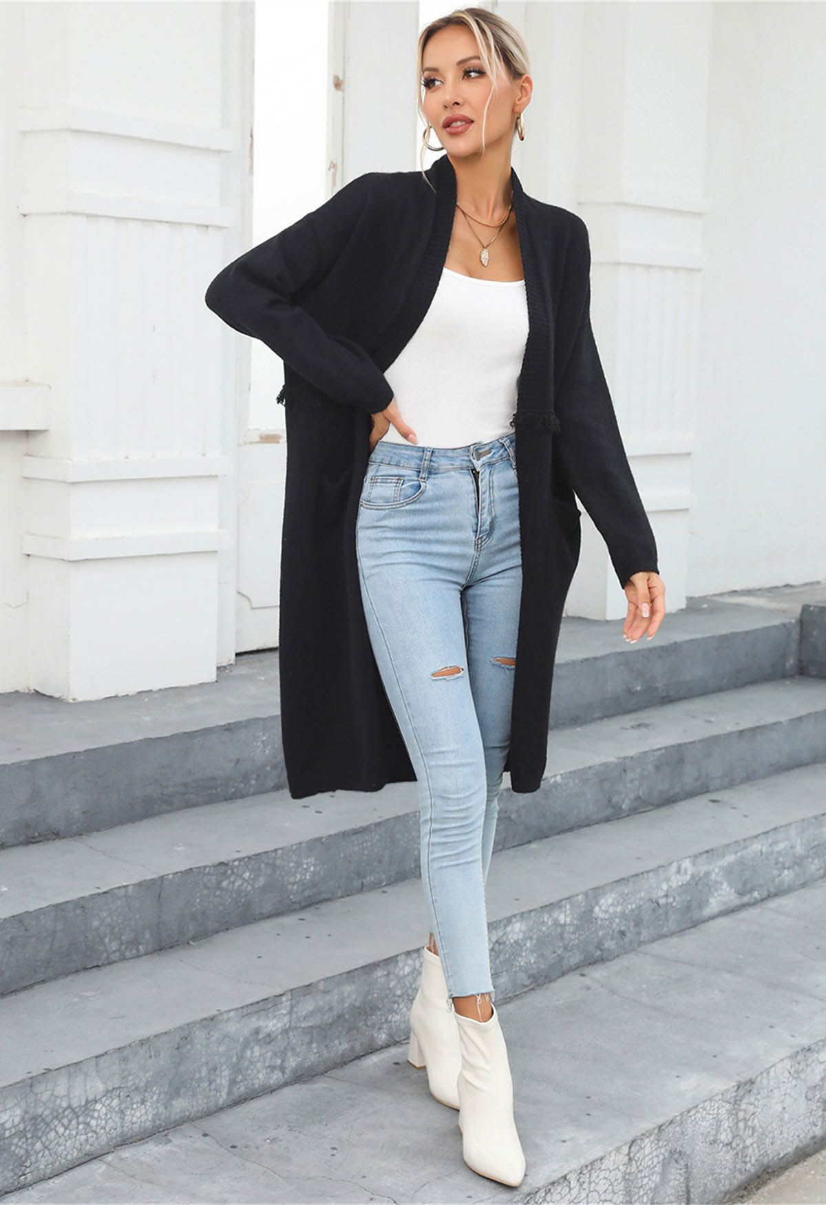 Open Front Fringed Waist Knit Cardigan in Black