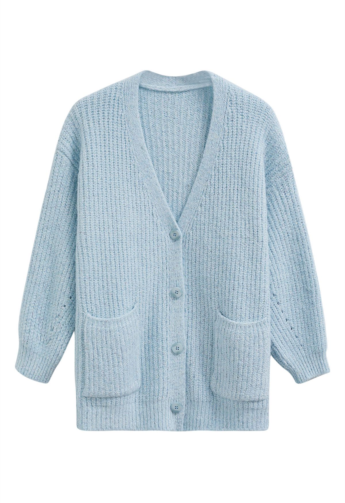 Pastel V-Neck Patch Pocket Knit Cardigan in Baby Blue