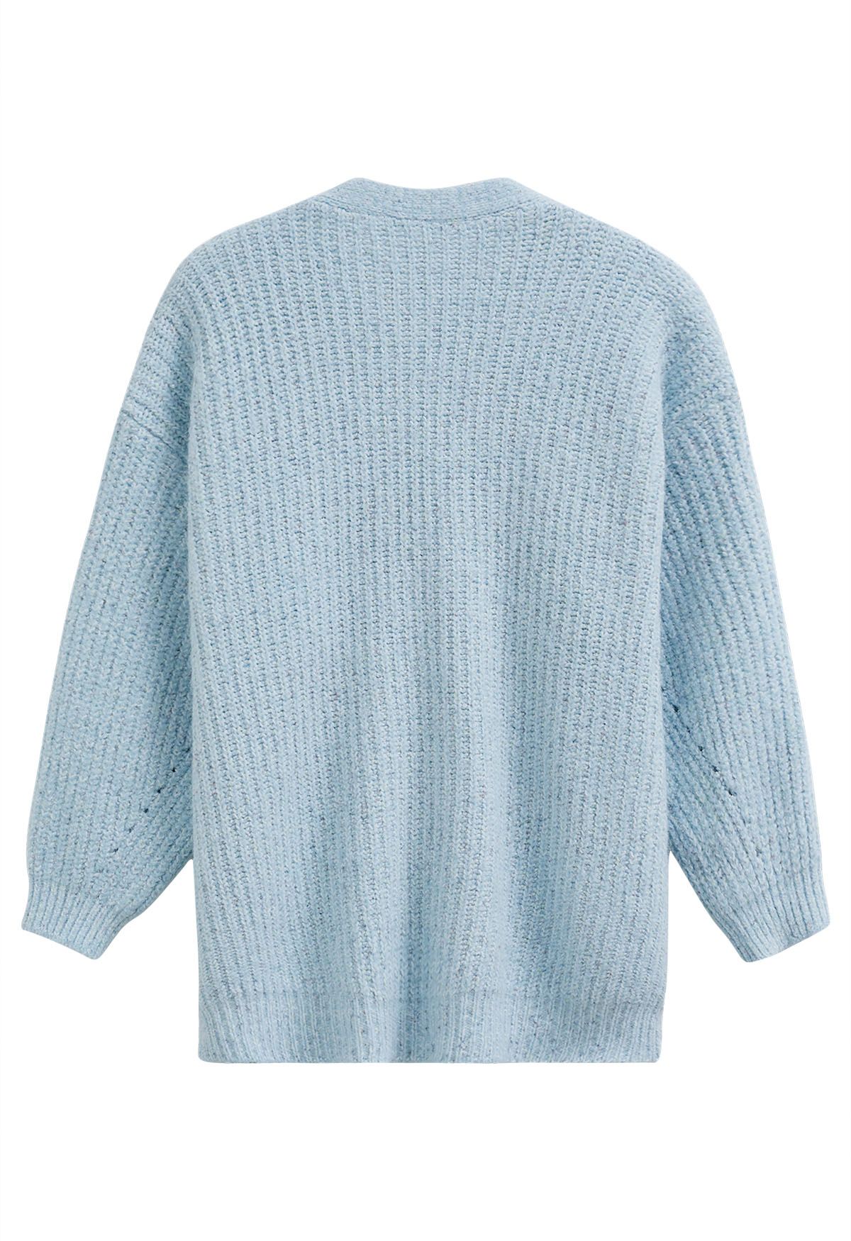 Pastel V-Neck Patch Pocket Knit Cardigan in Baby Blue