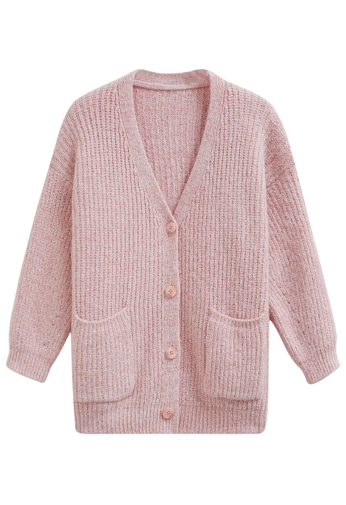 Pastel V-Neck Patch Pocket Knit Cardigan in Pink