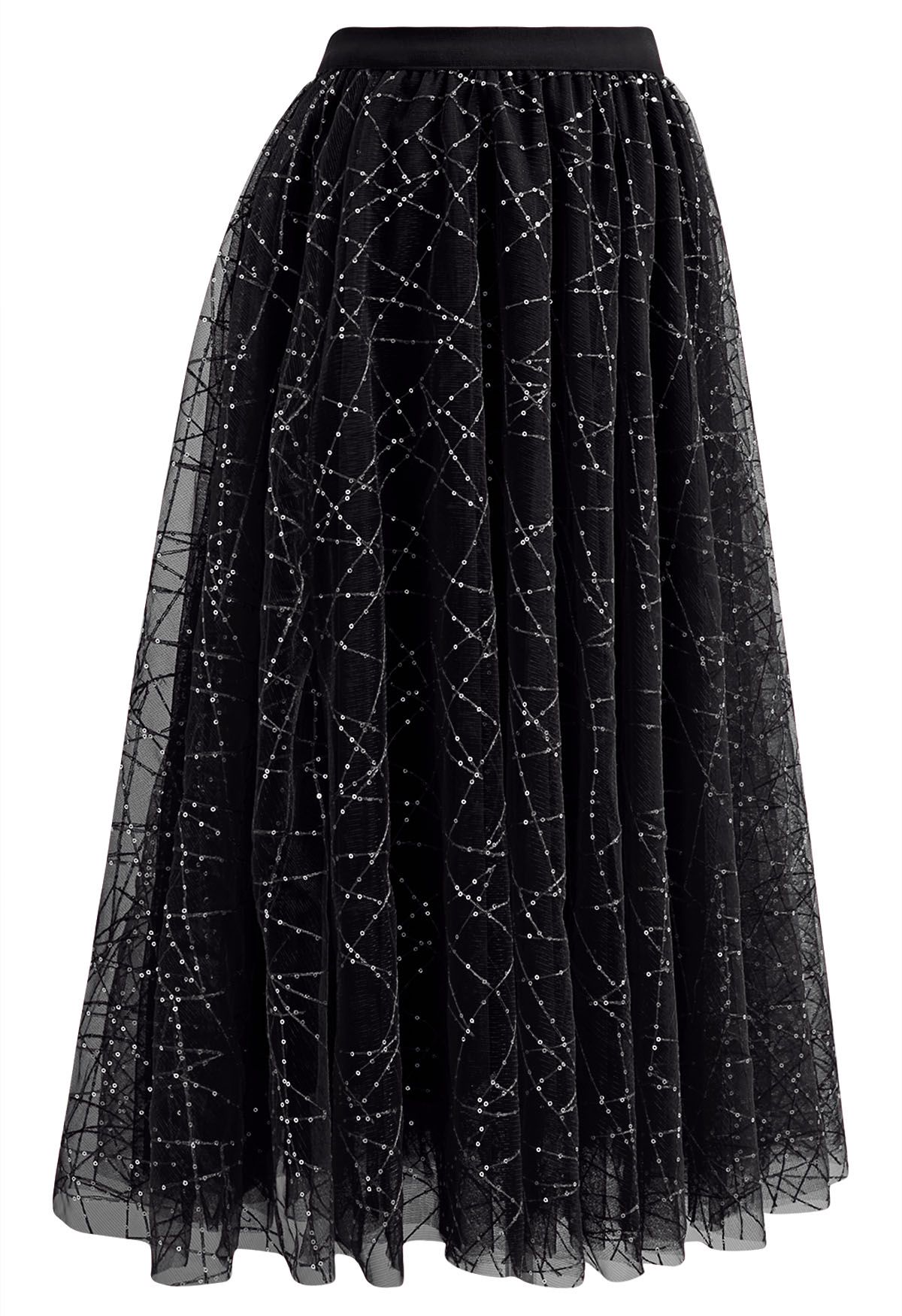 Sequined Embroidery Double-Layered Mesh Tulle Midi Skirt in Black ...