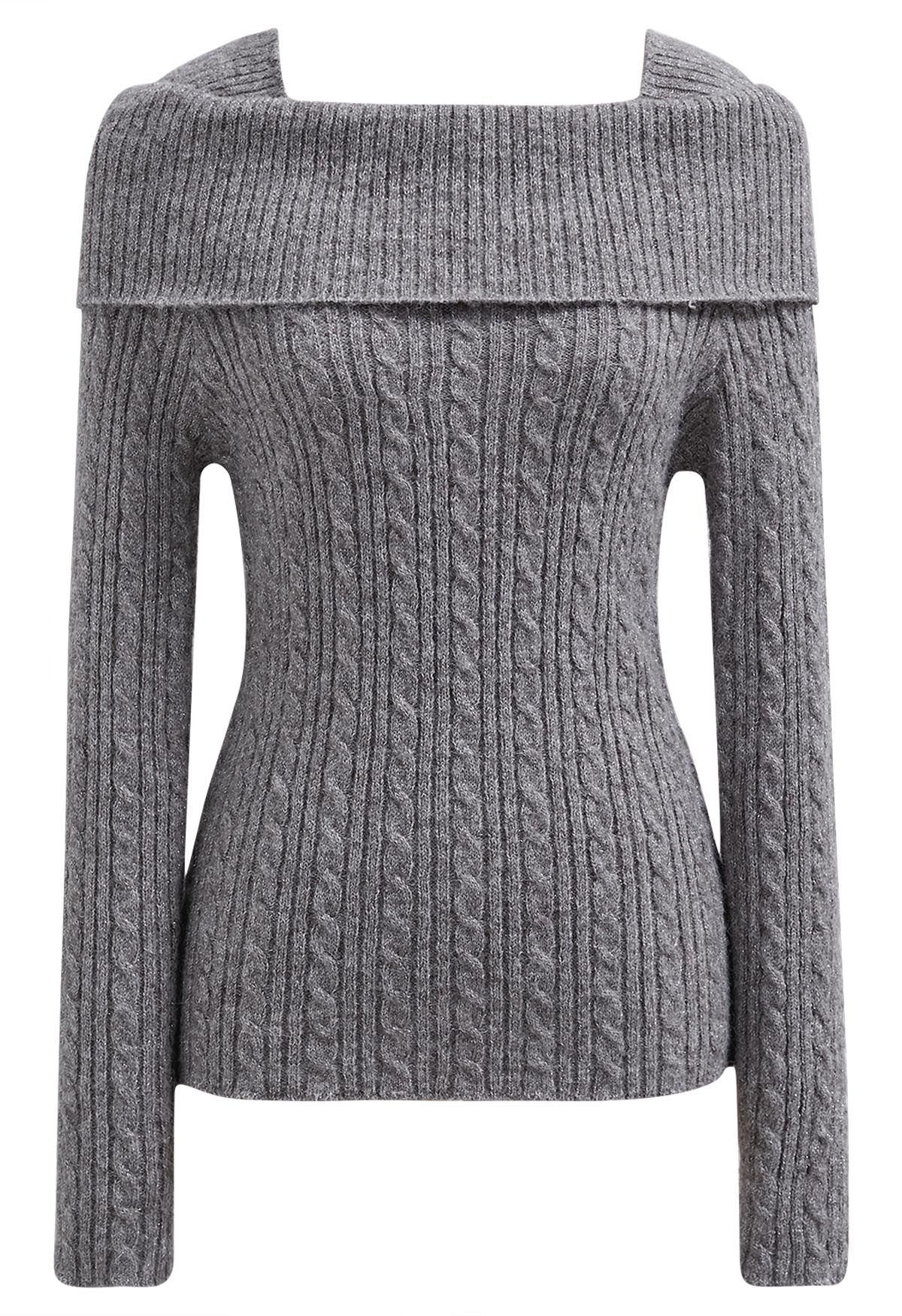 Folded Shoulder Cable Knit Top in Grey - Retro, Indie and Unique Fashion