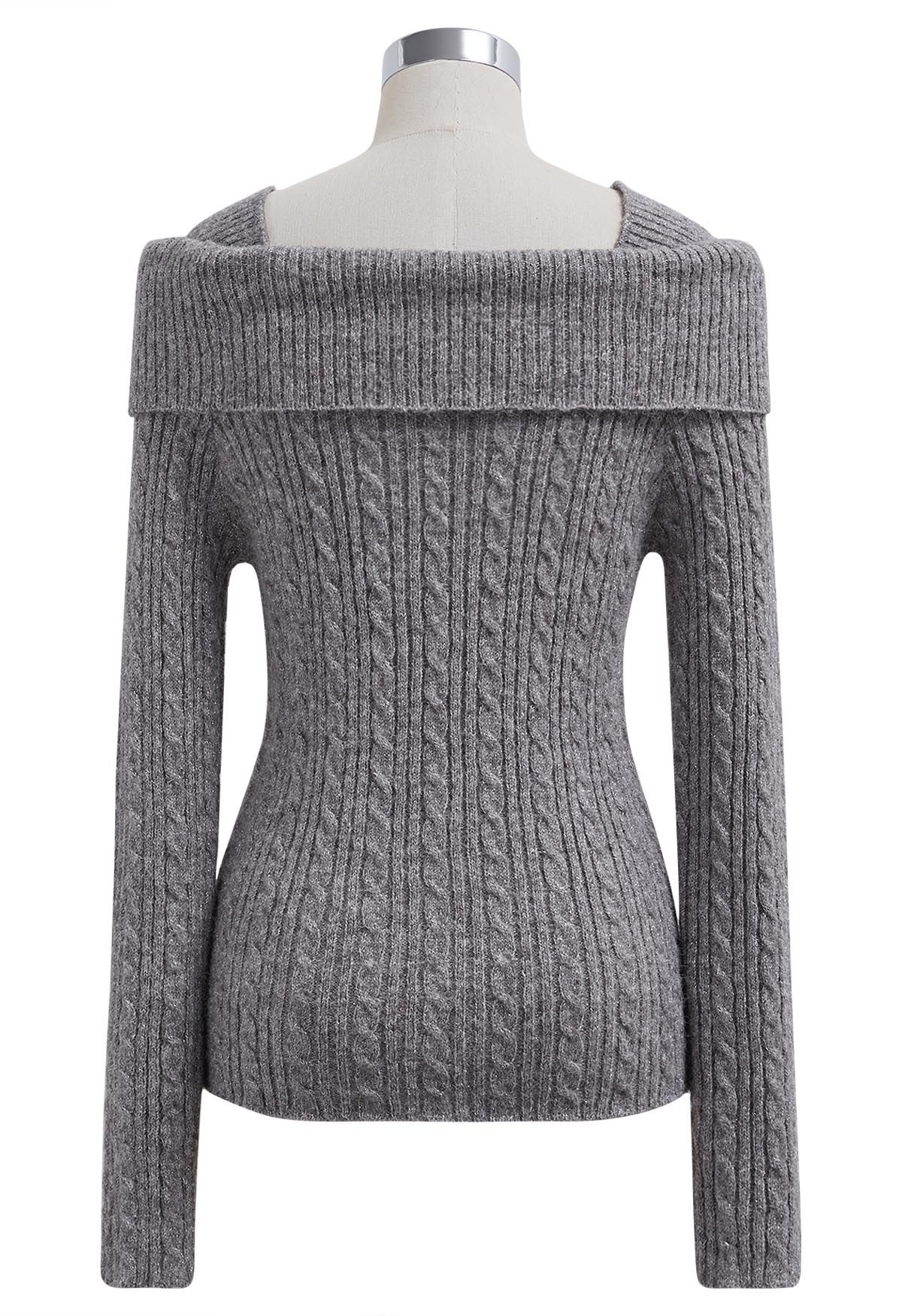 Folded Shoulder Cable Knit Top in Grey