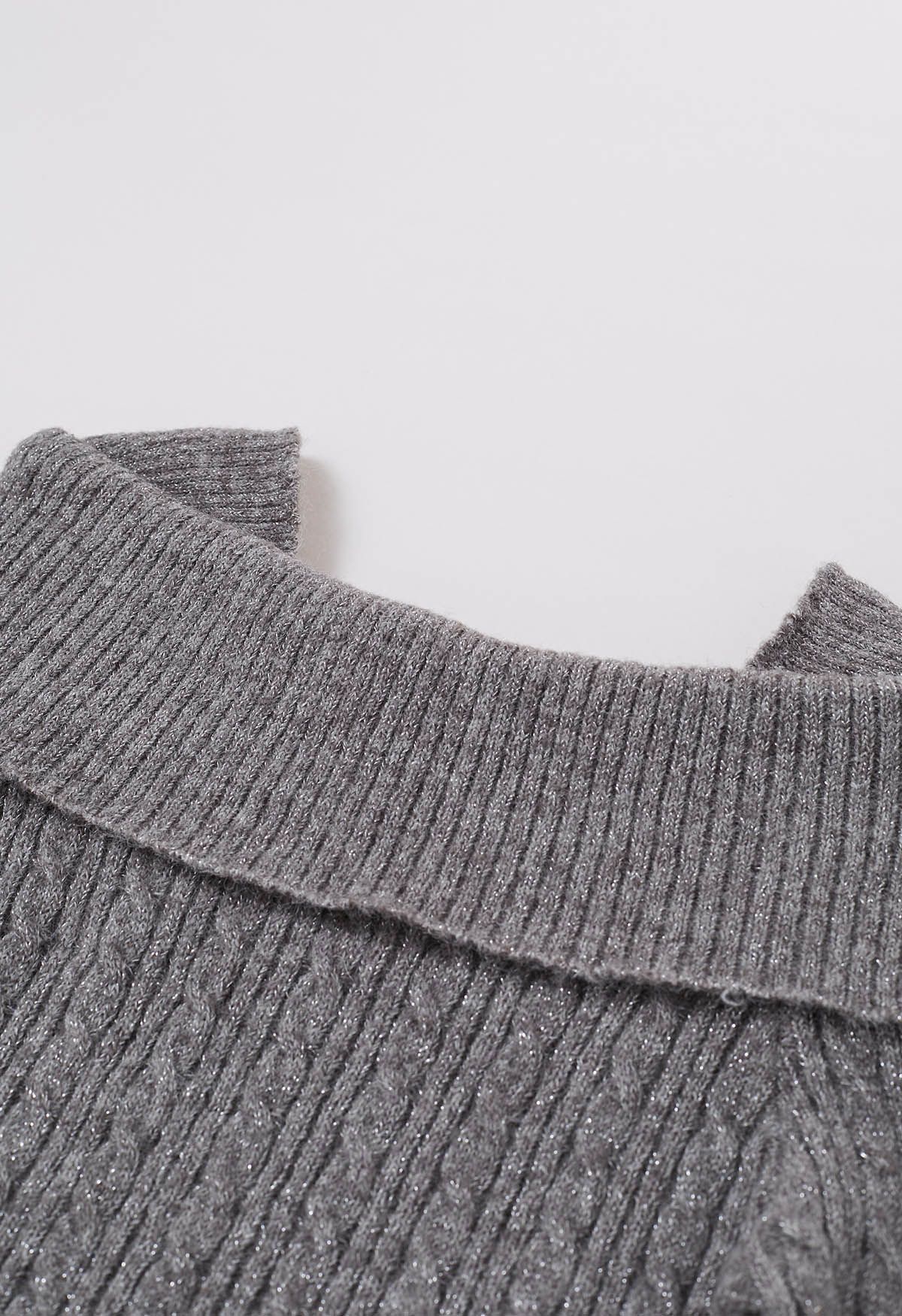 Folded Shoulder Cable Knit Top in Grey