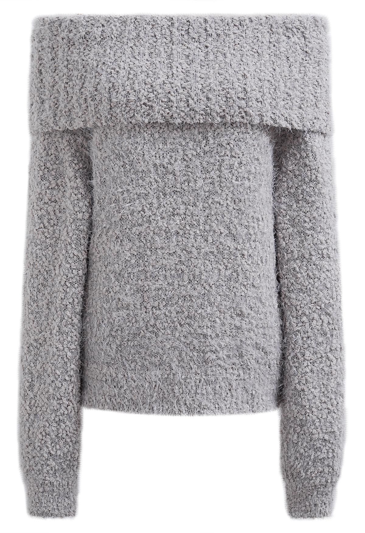 Folded Off-Shoulder Fuzzy Knit Sweater in Grey