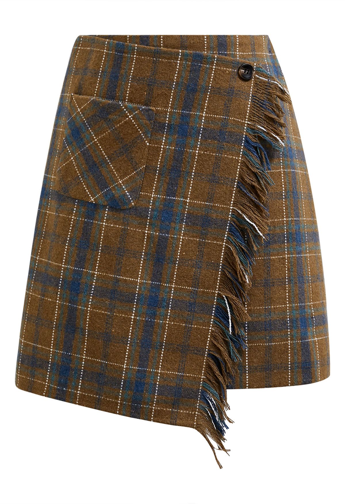 Plaid Fringed Flap Mini Bud Skirt in Camel