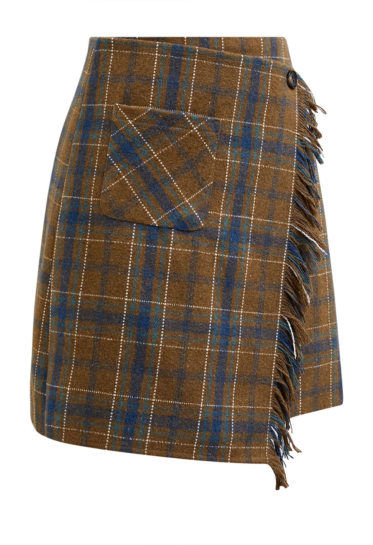 Plaid Fringed Flap Mini Bud Skirt in Camel Retro Indie and Unique Fashion