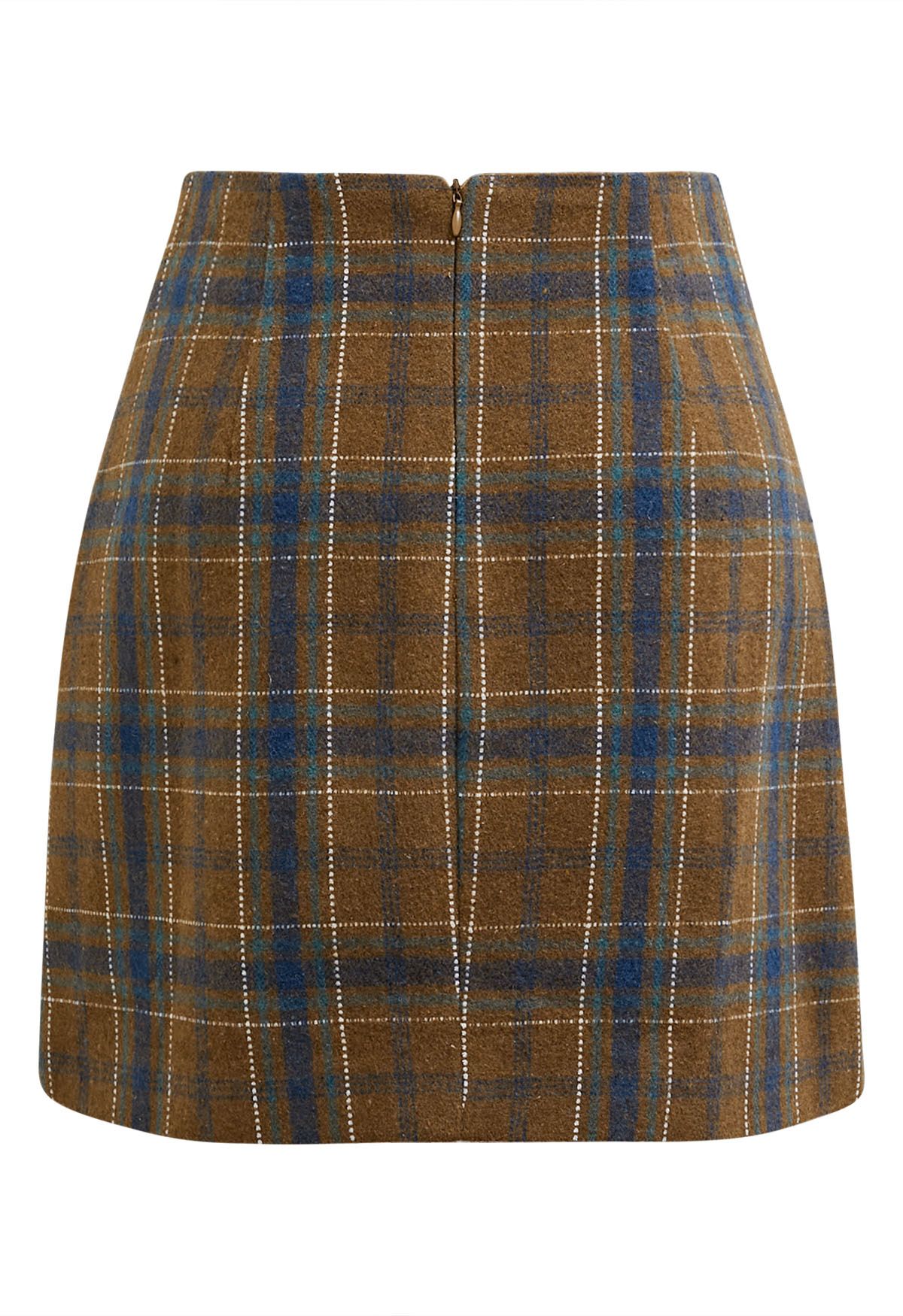 Plaid Fringed Flap Mini Bud Skirt in Camel