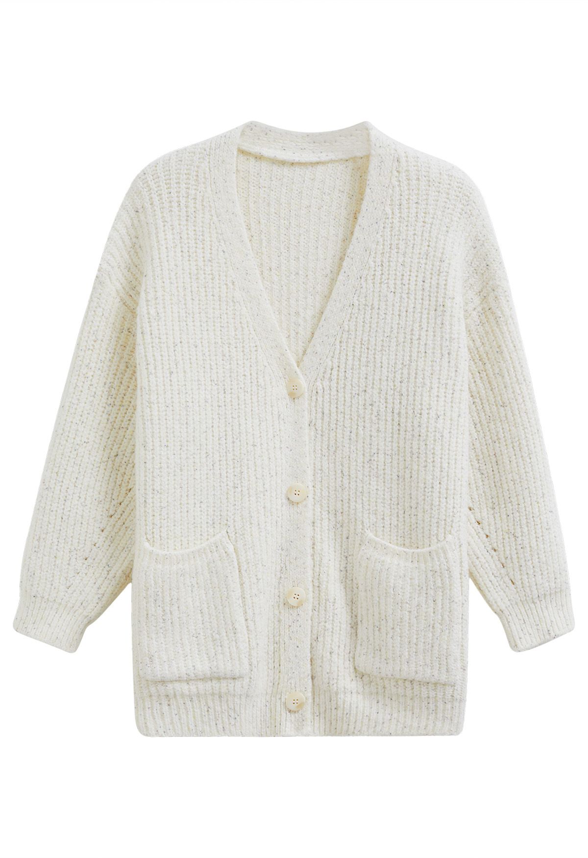 Pastel V-Neck Patch Pocket Knit Cardigan in Ivory