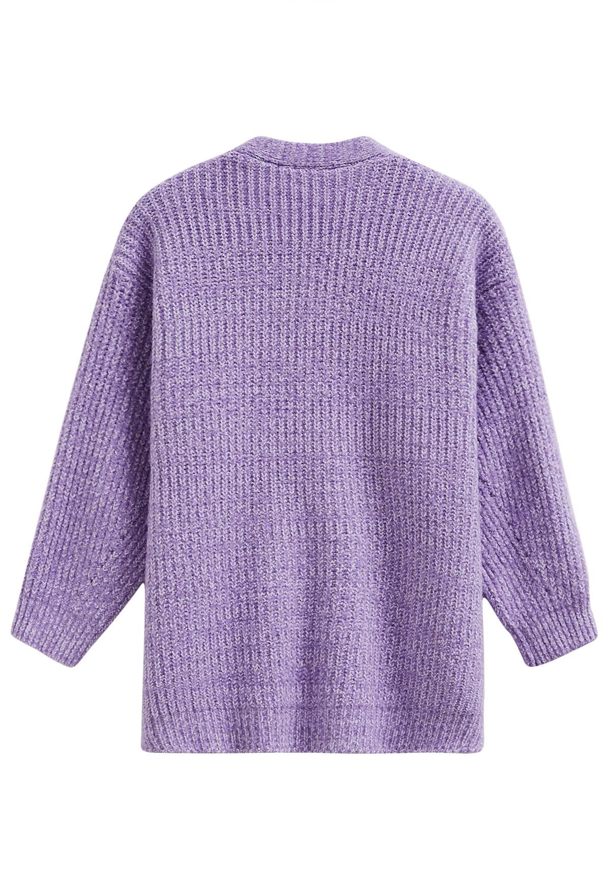 Pastel V-Neck Patch Pocket Knit Cardigan in Lilac