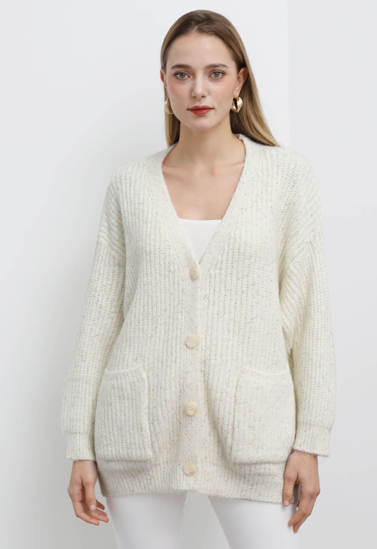 Pastel V-Neck Patch Pocket Knit Cardigan in Ivory