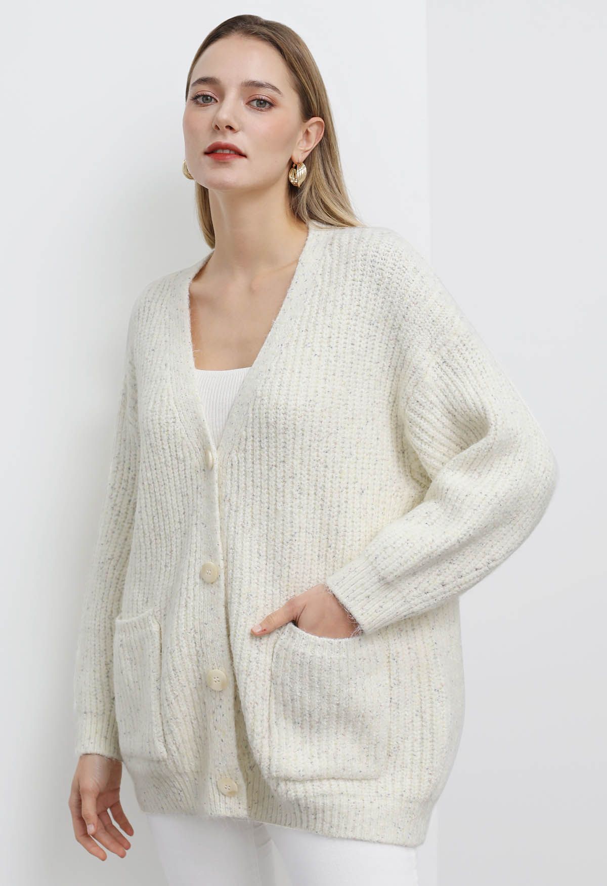 Pastel V-Neck Patch Pocket Knit Cardigan in Ivory