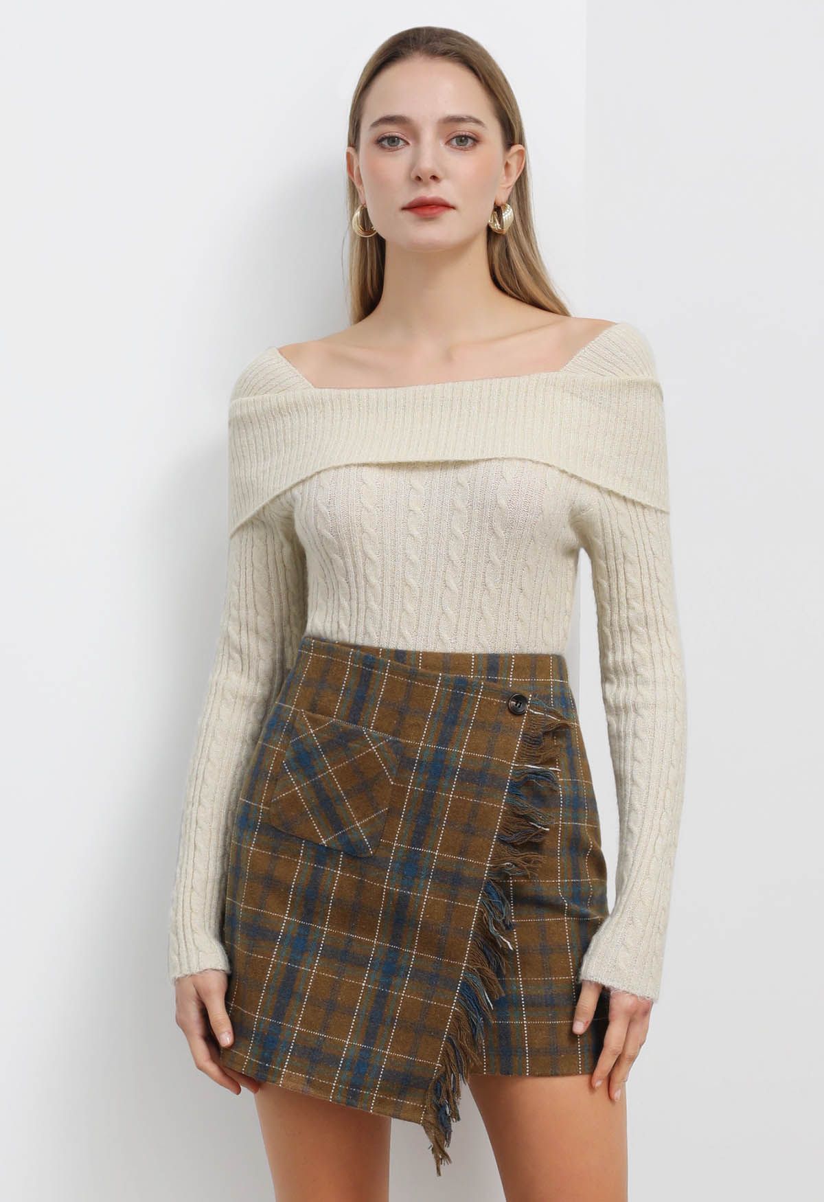 Plaid Fringed Flap Mini Bud Skirt in Camel