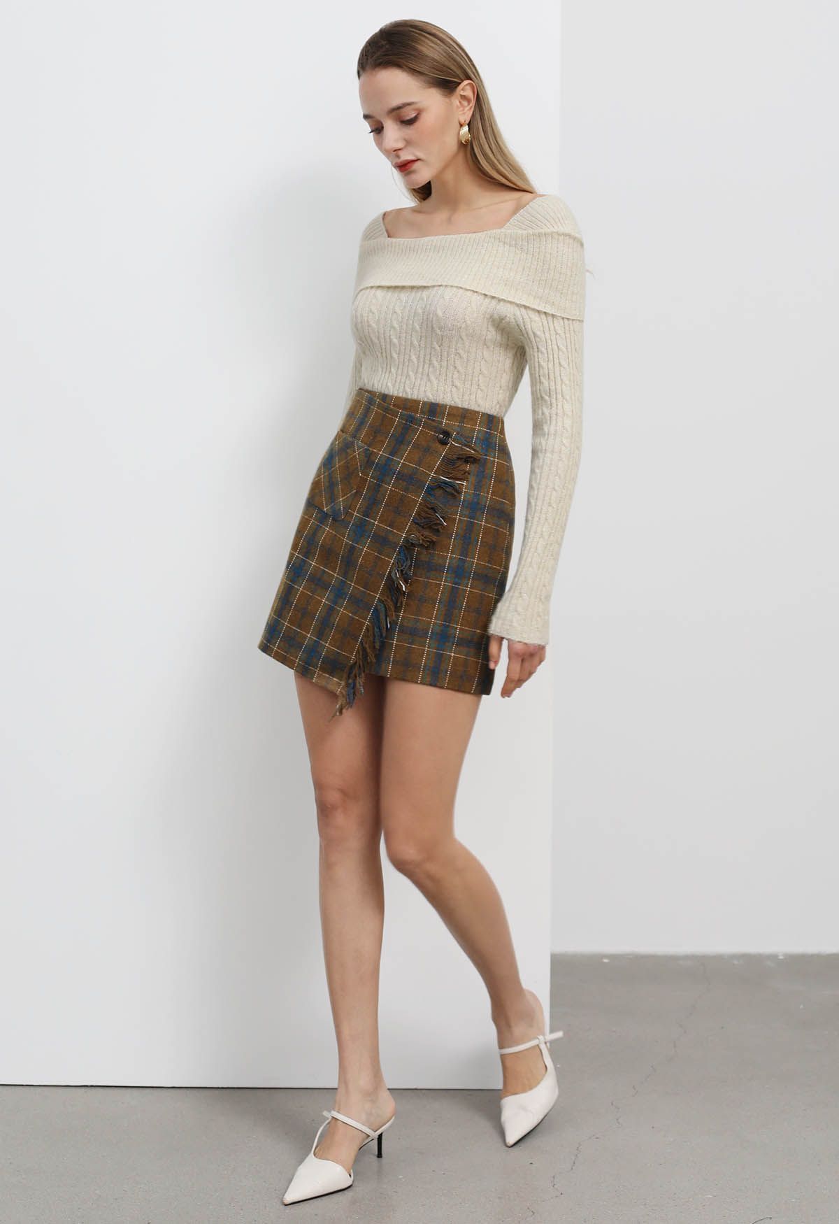 Plaid Fringed Flap Mini Bud Skirt in Camel