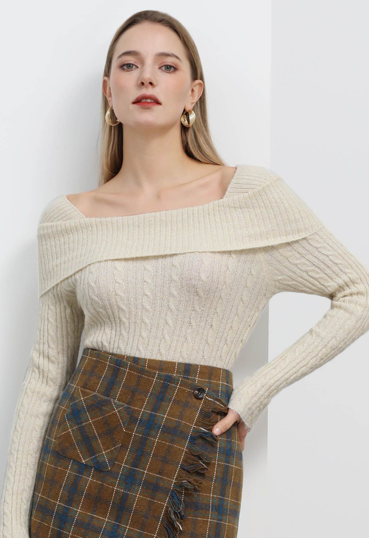 Folded Shoulder Cable Knit Top in Cream - Retro, Indie and Unique