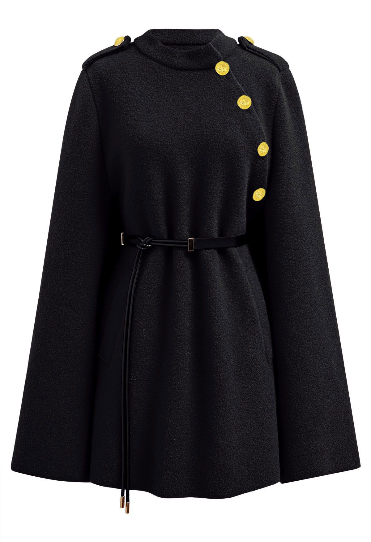 Golden Button Belted Cape Coat in Black