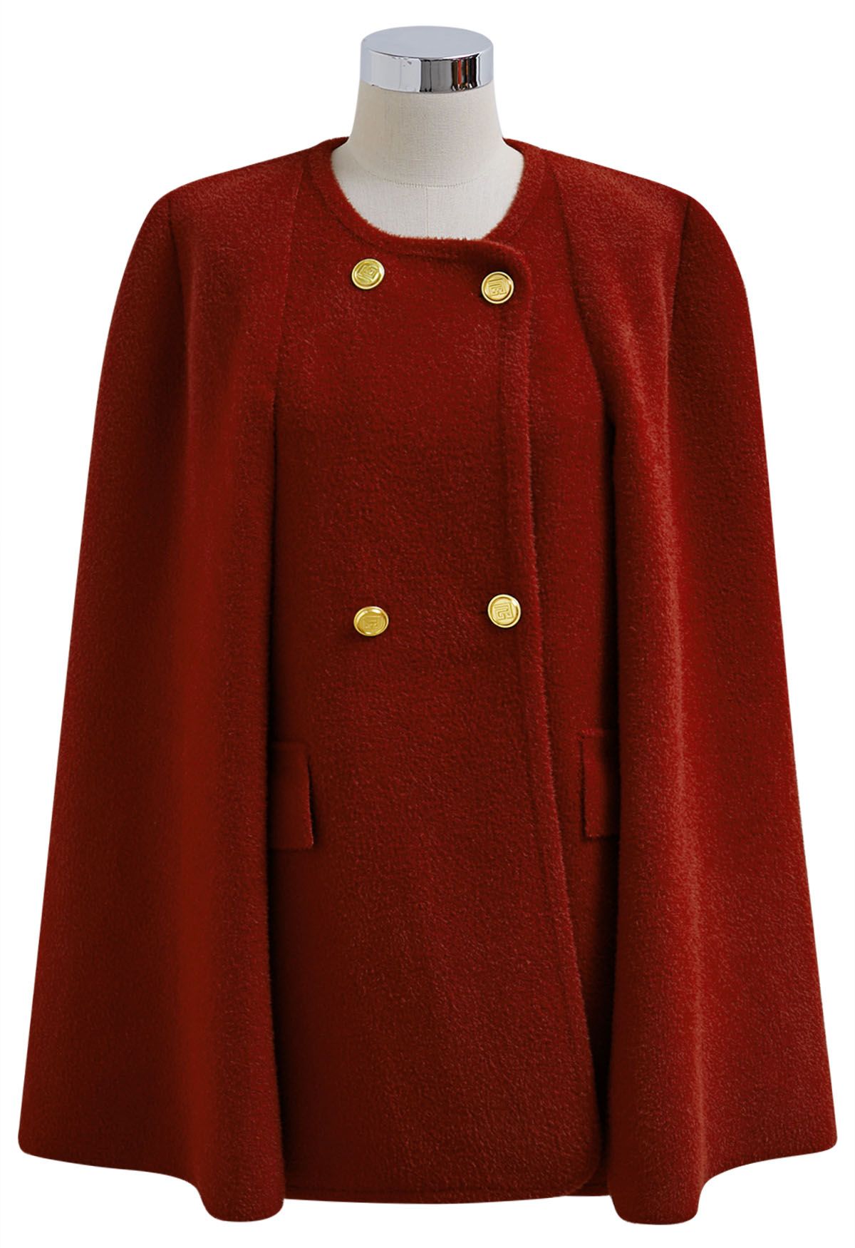 Turtleneck Double-Breasted Twinset Cape Coat in Red