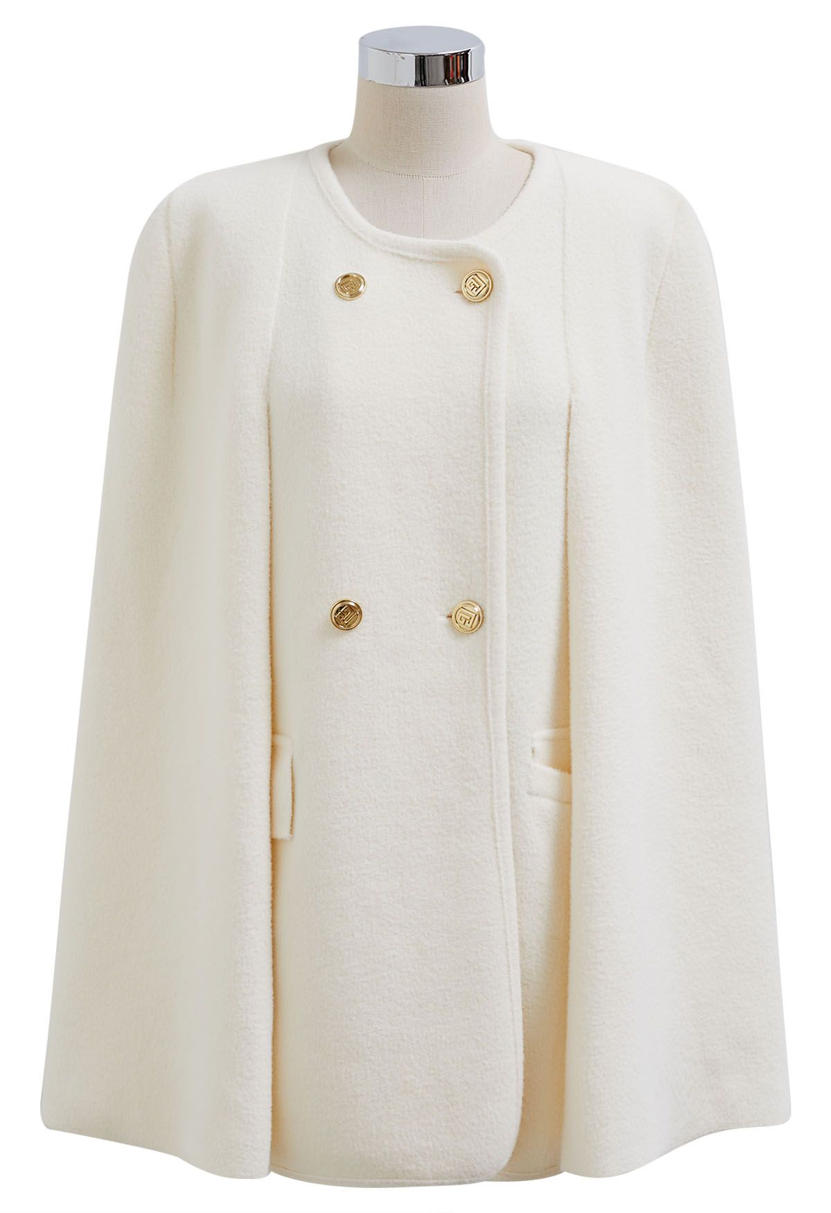 Turtleneck Double Breasted Twinset Cape Coat in Ivory