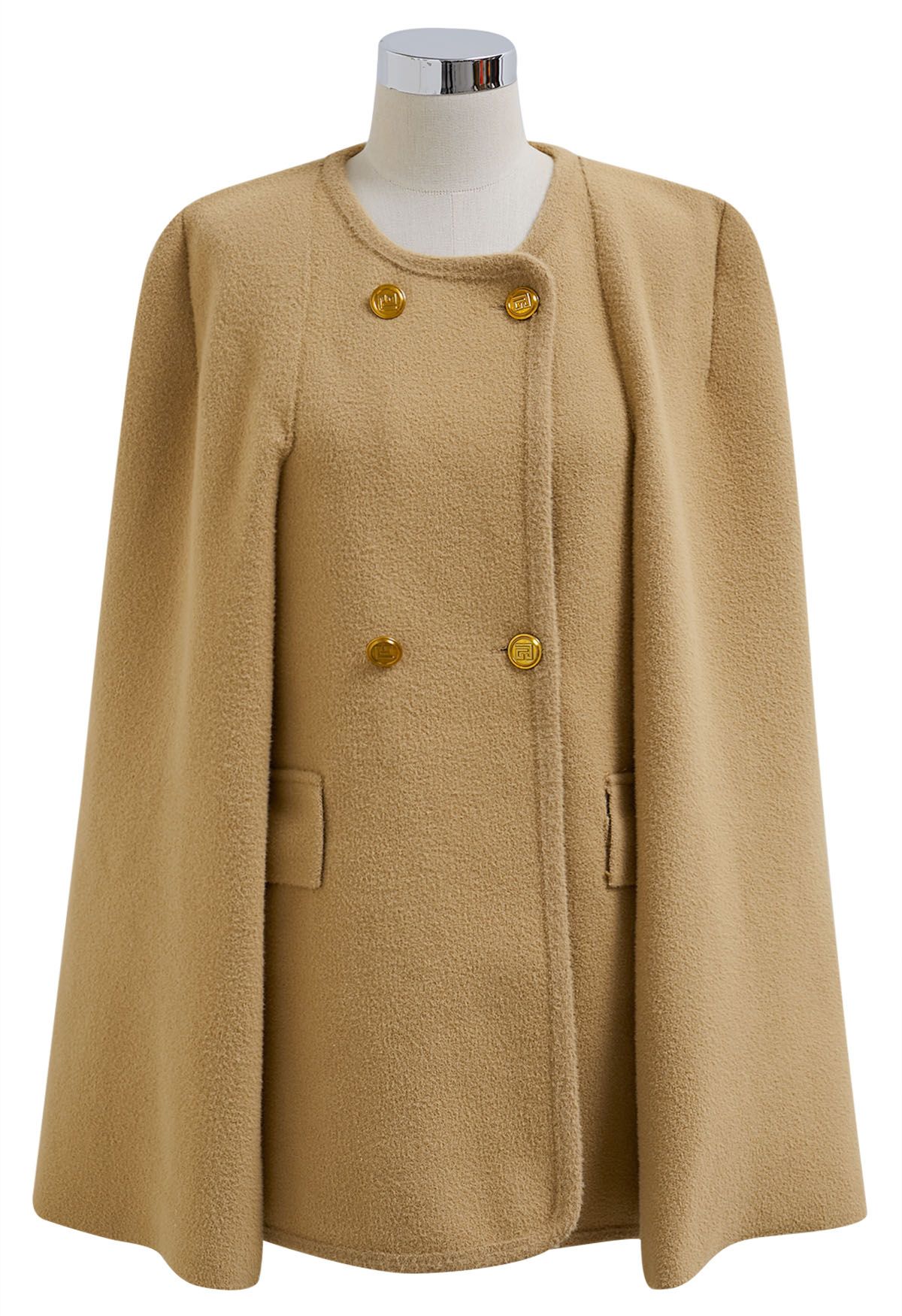 Turtleneck Double-Breasted Twinset Cape Coat in Light Tan