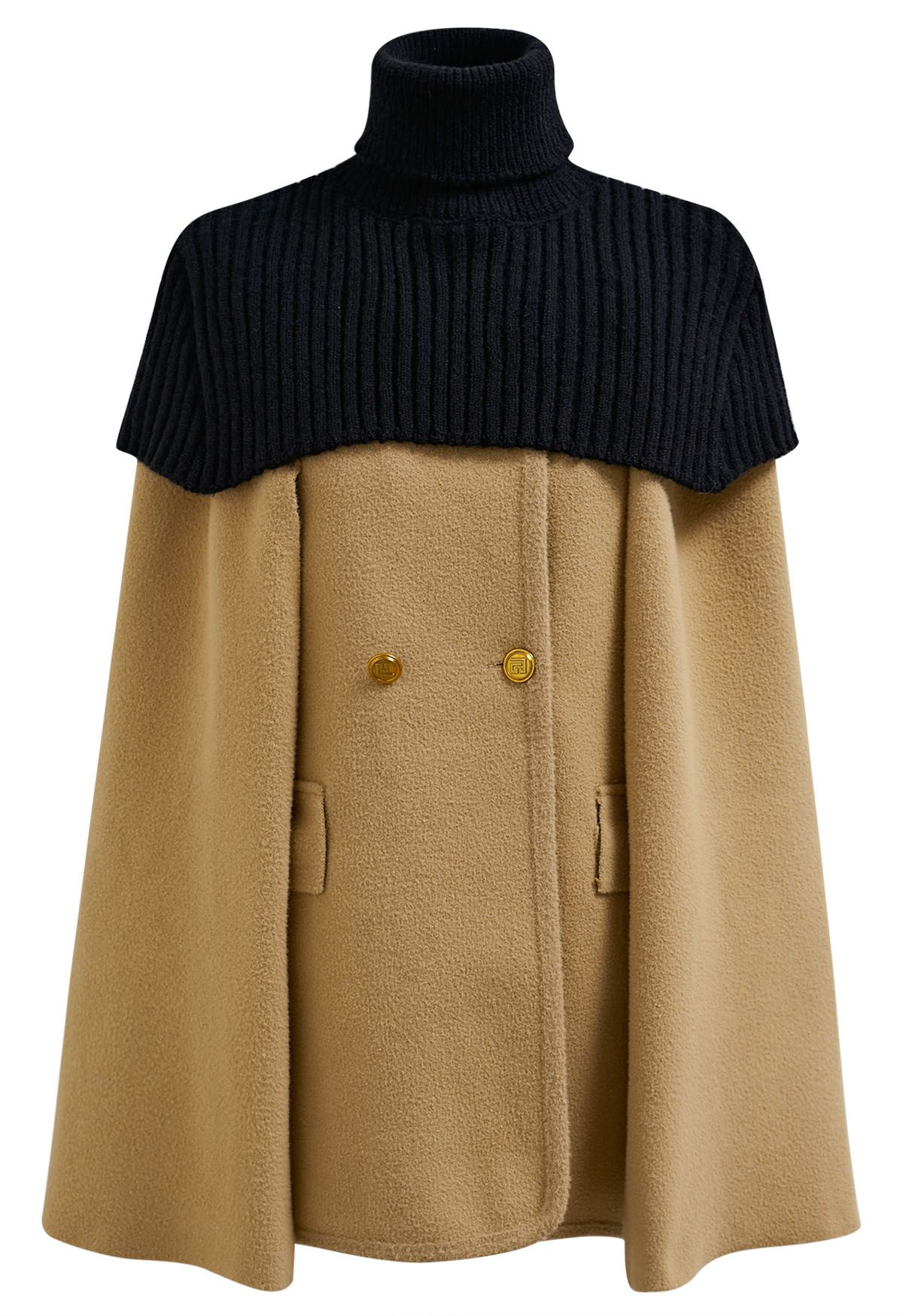 Turtleneck Double-Breasted Twinset Cape Coat in Light Tan