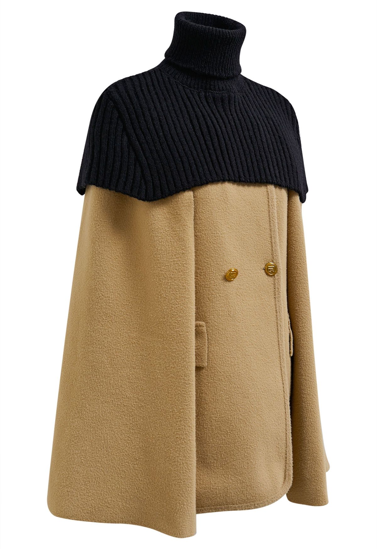 Turtleneck Double-Breasted Twinset Cape Coat in Light Tan