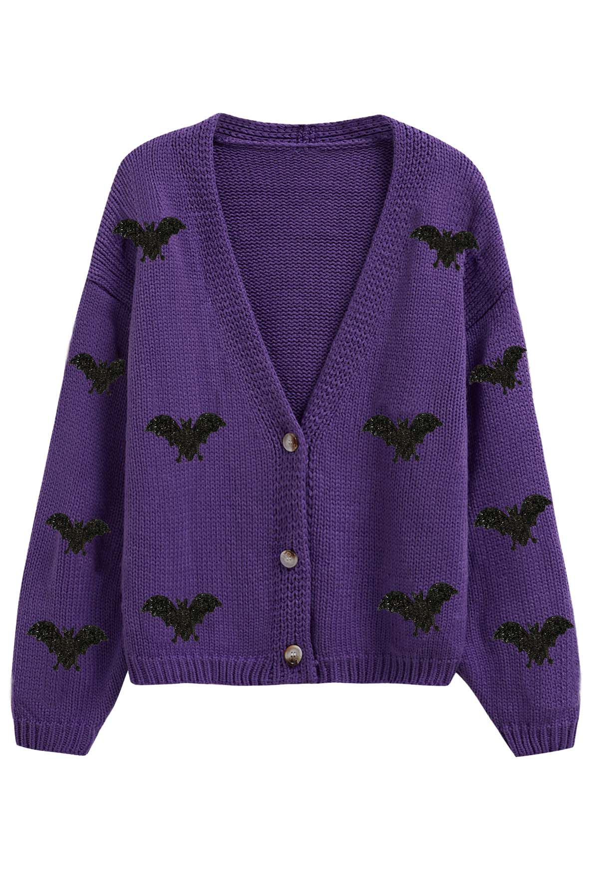 Mystic Bats Patch Buttoned Knit Cardigan in Purple