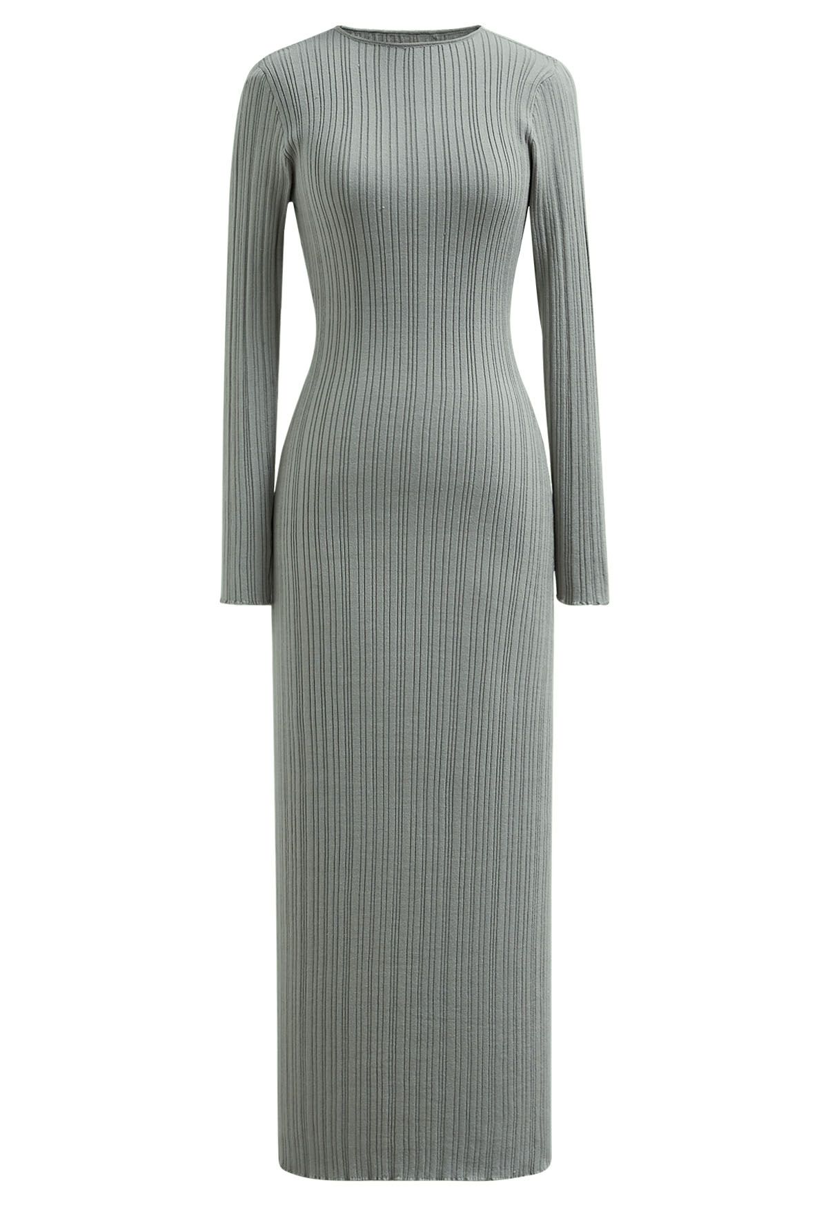 Stripe Texture Fitted Knit Maxi Dress in Pea Green