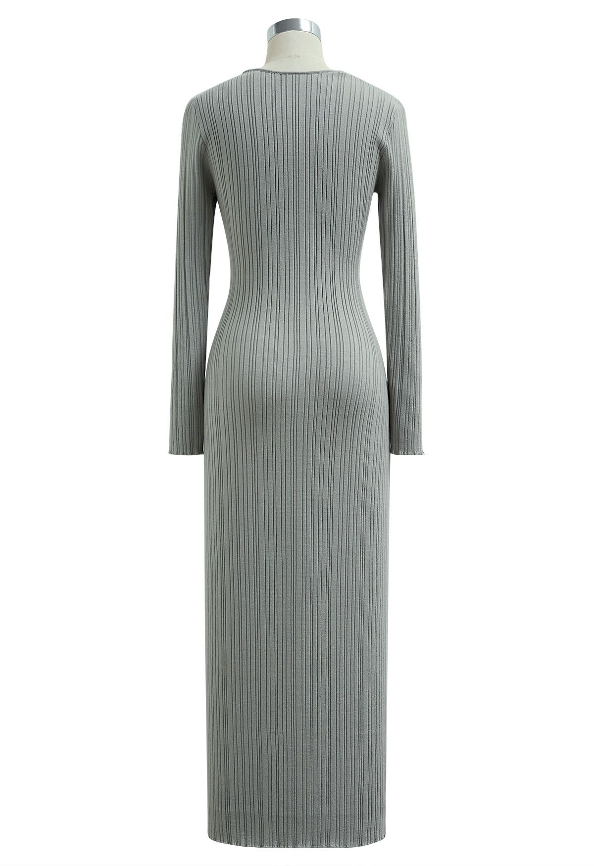 Stripe Texture Fitted Knit Maxi Dress in Pea Green