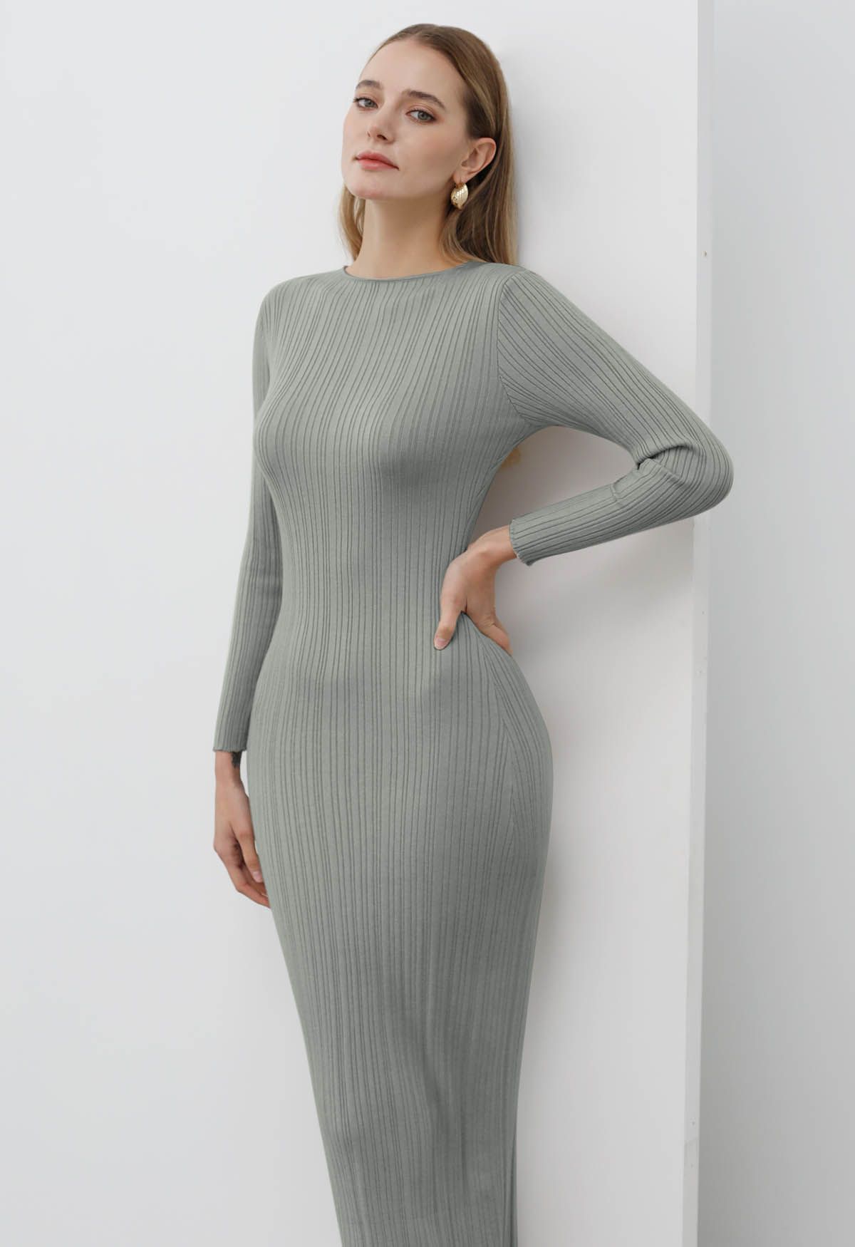 Stripe Texture Fitted Knit Maxi Dress in Pea Green - Retro, Indie and ...