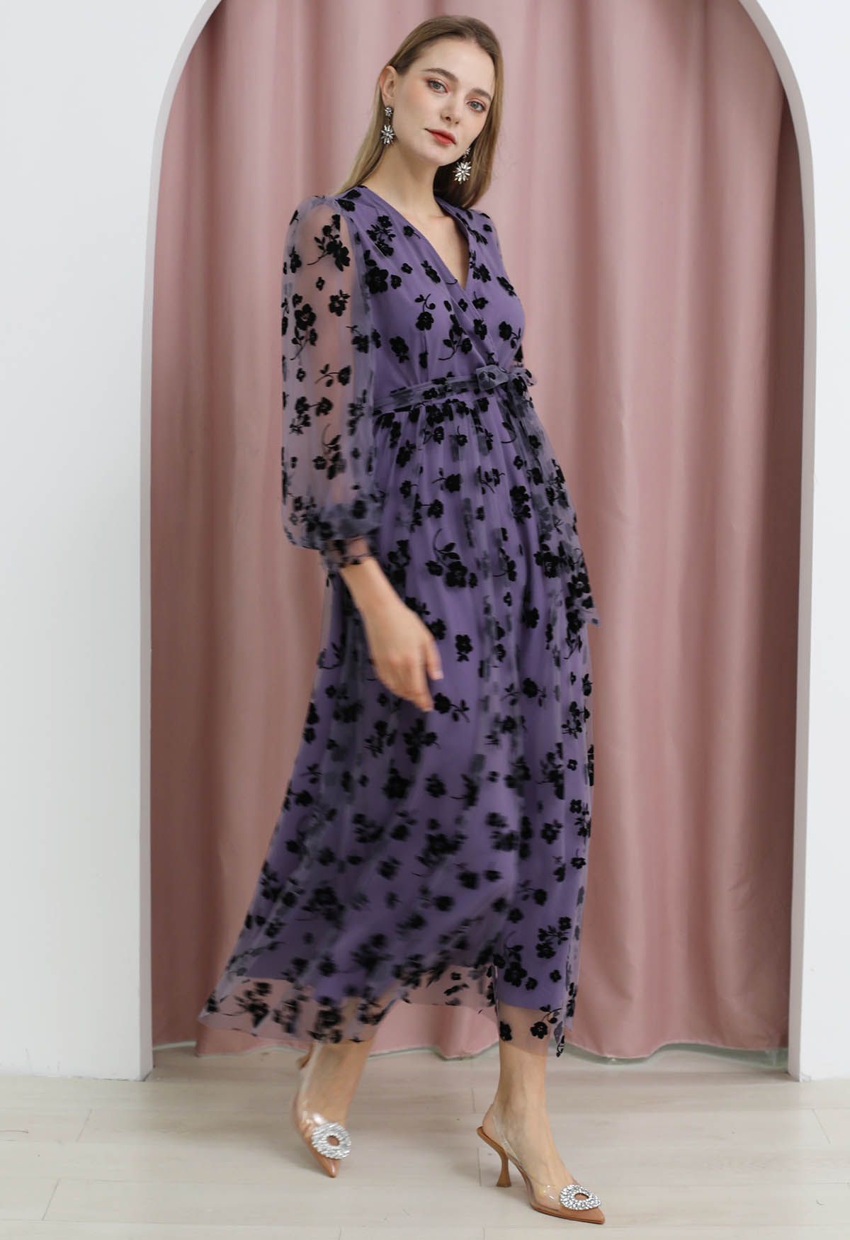 3D Posy Mesh Wrap Maxi Dress in Lilac