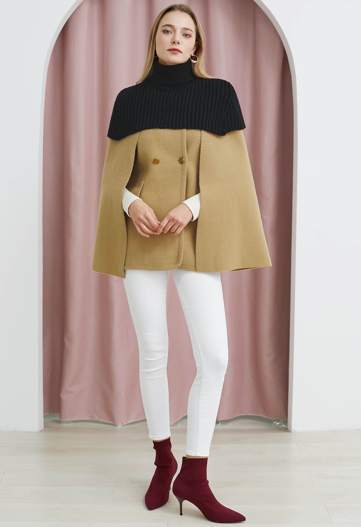 Turtleneck Double-Breasted Twinset Cape Coat in Light Tan