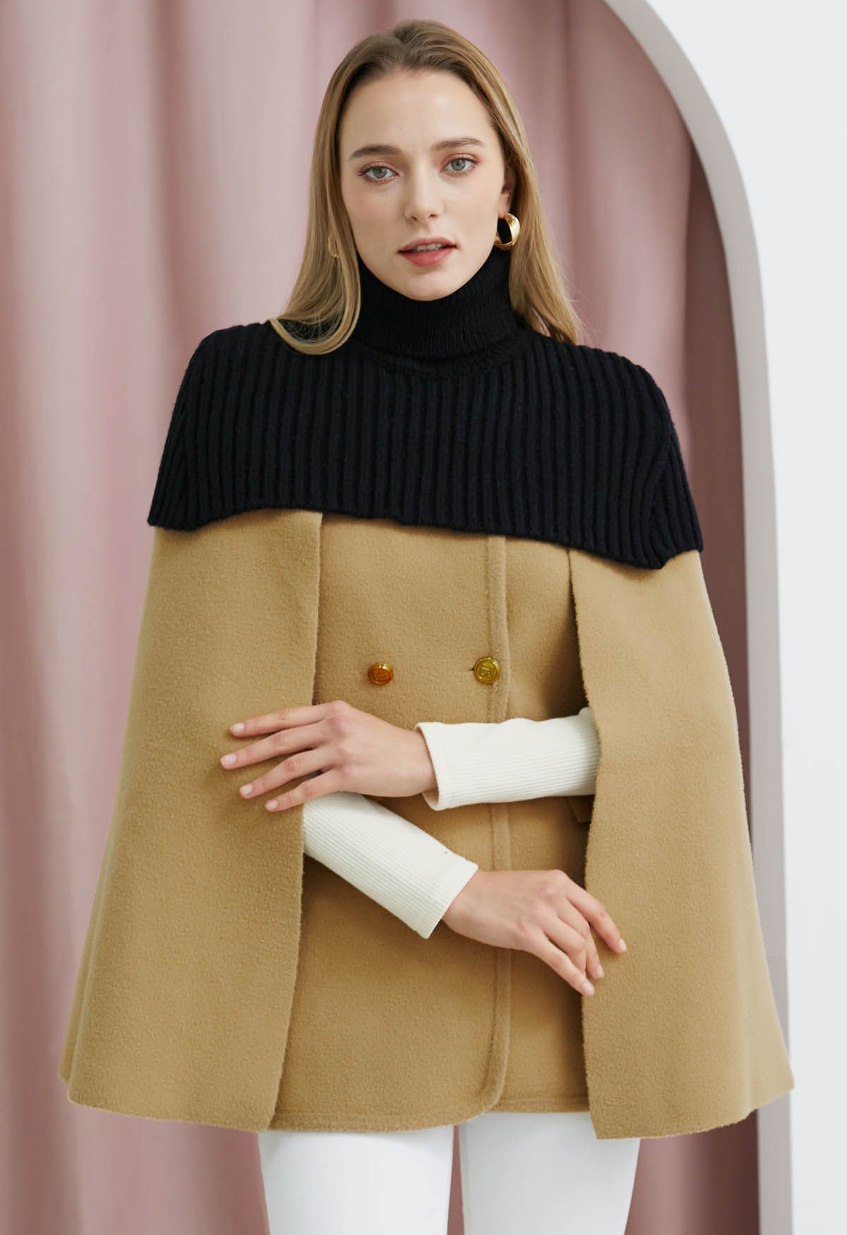 Turtleneck Double Breasted Twinset Cape Coat in Light Tan Retro Indie and Unique Fashion