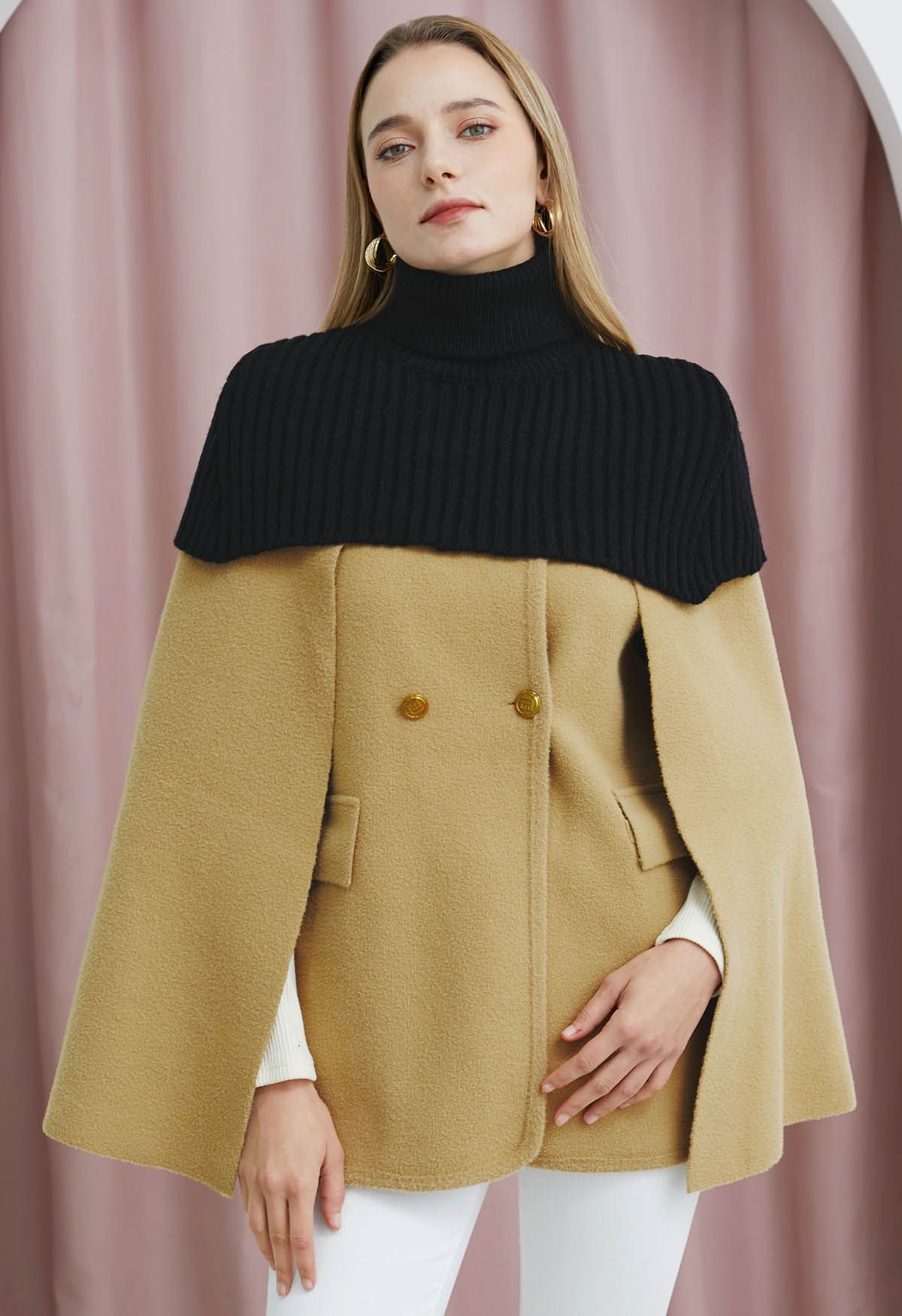 Turtleneck Double-Breasted Twinset Cape Coat in Light Tan