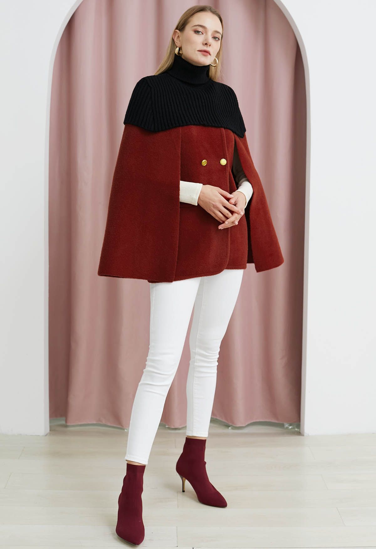 Turtleneck Double-Breasted Twinset Cape Coat in Red