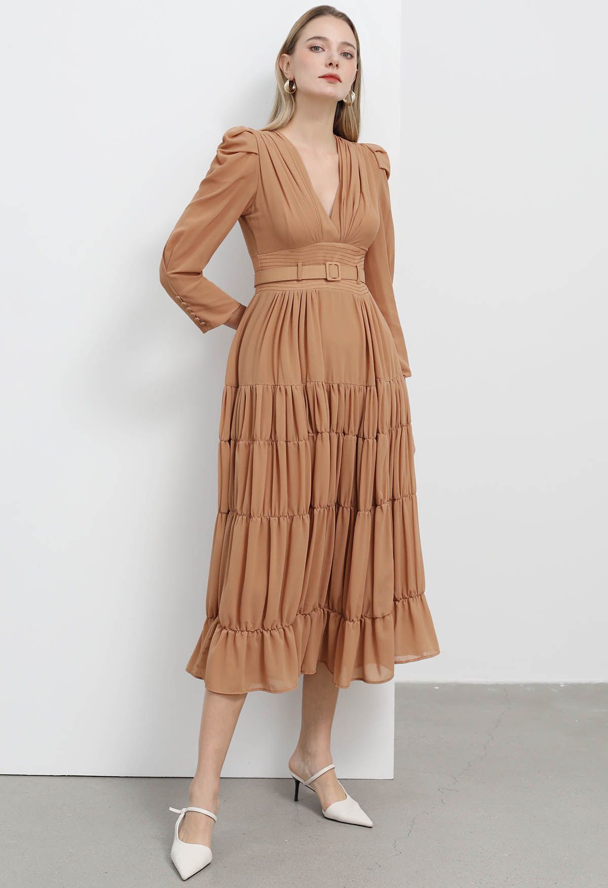 V-Neck Shirred Tiered Belted Chiffon Dress in Apricot