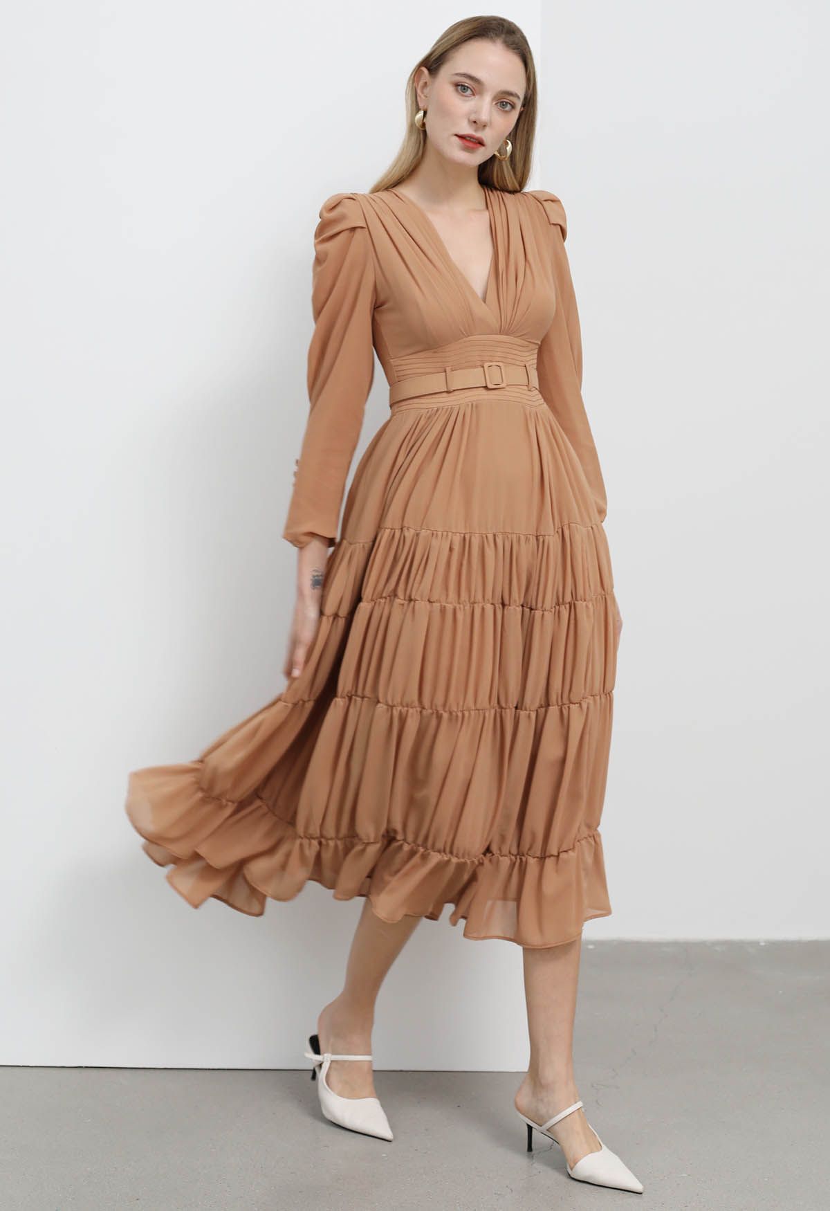 V-Neck Shirred Tiered Belted Chiffon Dress in Apricot