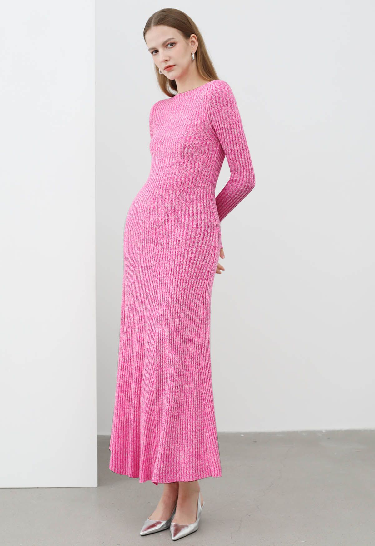 Solid Color Frilling Maxi Dress in Hot Pink