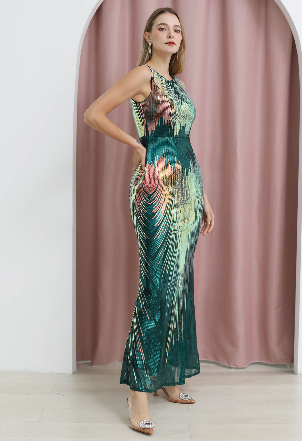 Iridescent Sequined Sleeveless Bodycon Gown in Dark Green