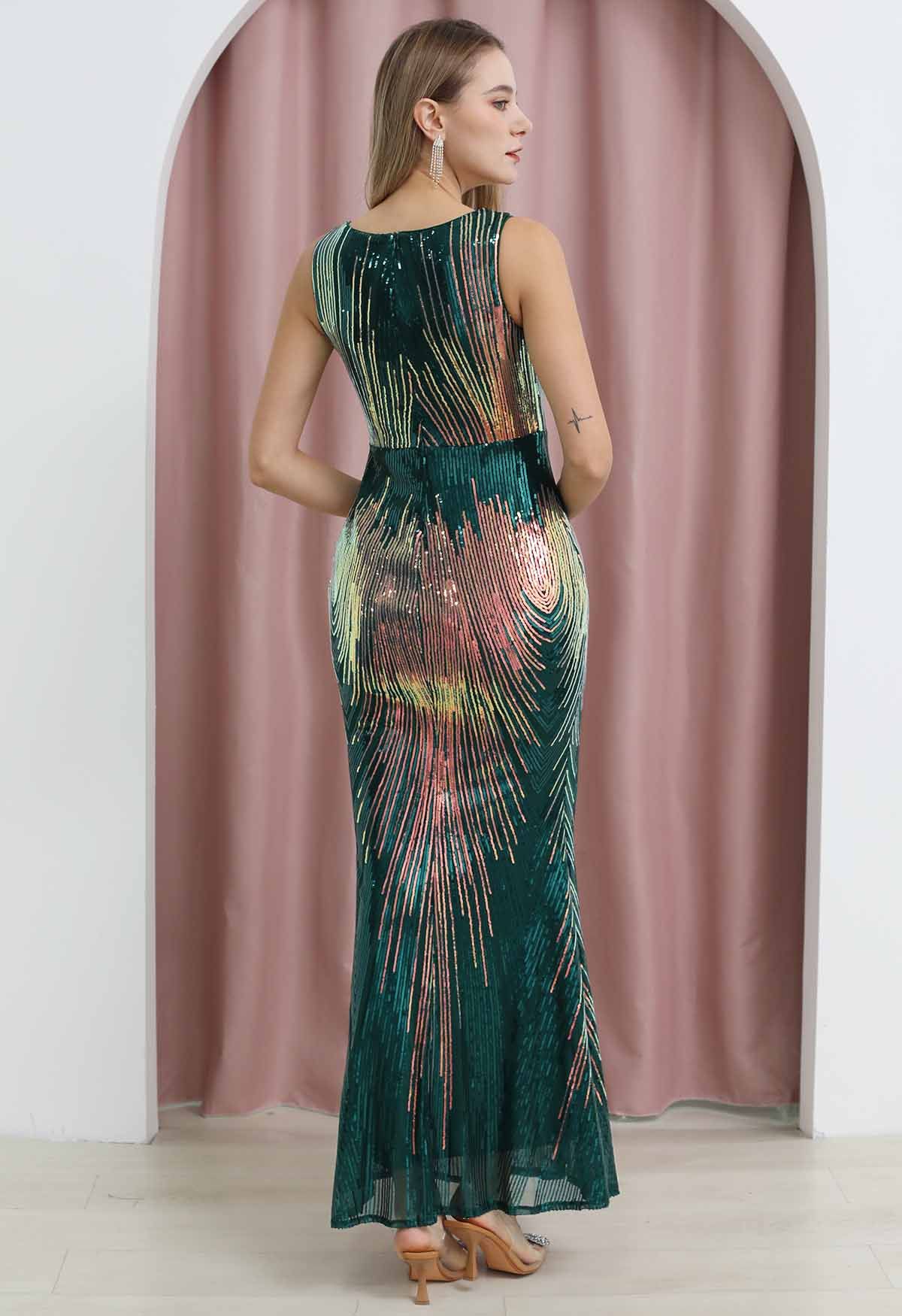 Iridescent Sequined Sleeveless Bodycon Gown in Dark Green